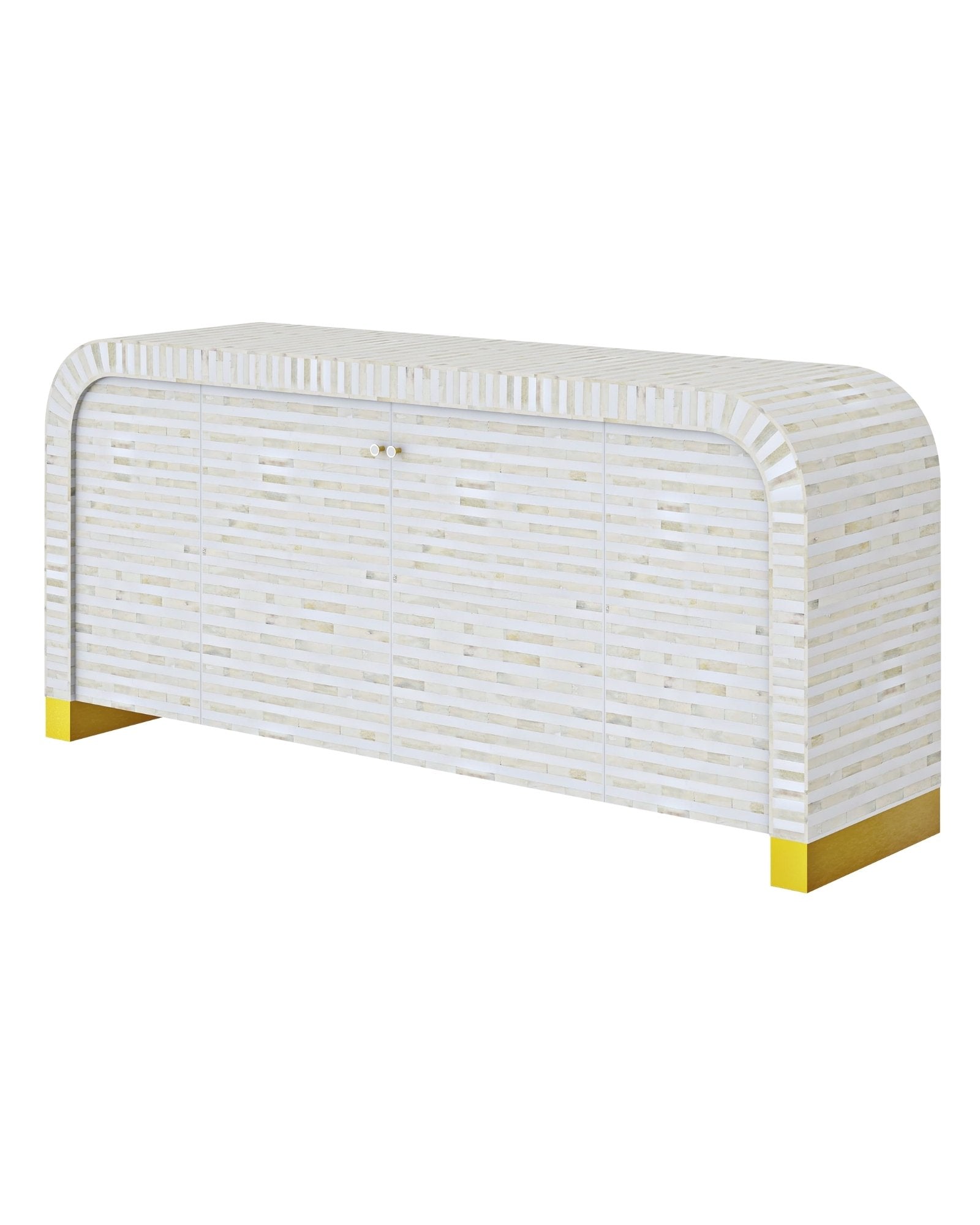 Elegant white bone inlay Lipari Cabinet with gold accents, handcrafted with intricate detailing and ample storage.