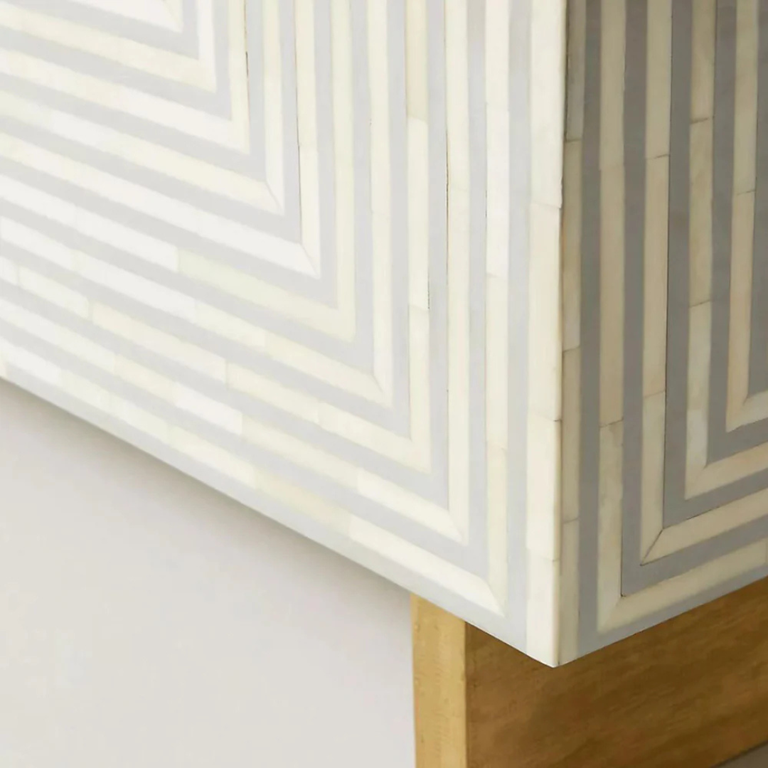 Rectangular grey striped bone inlay coffee table with a sleek design.