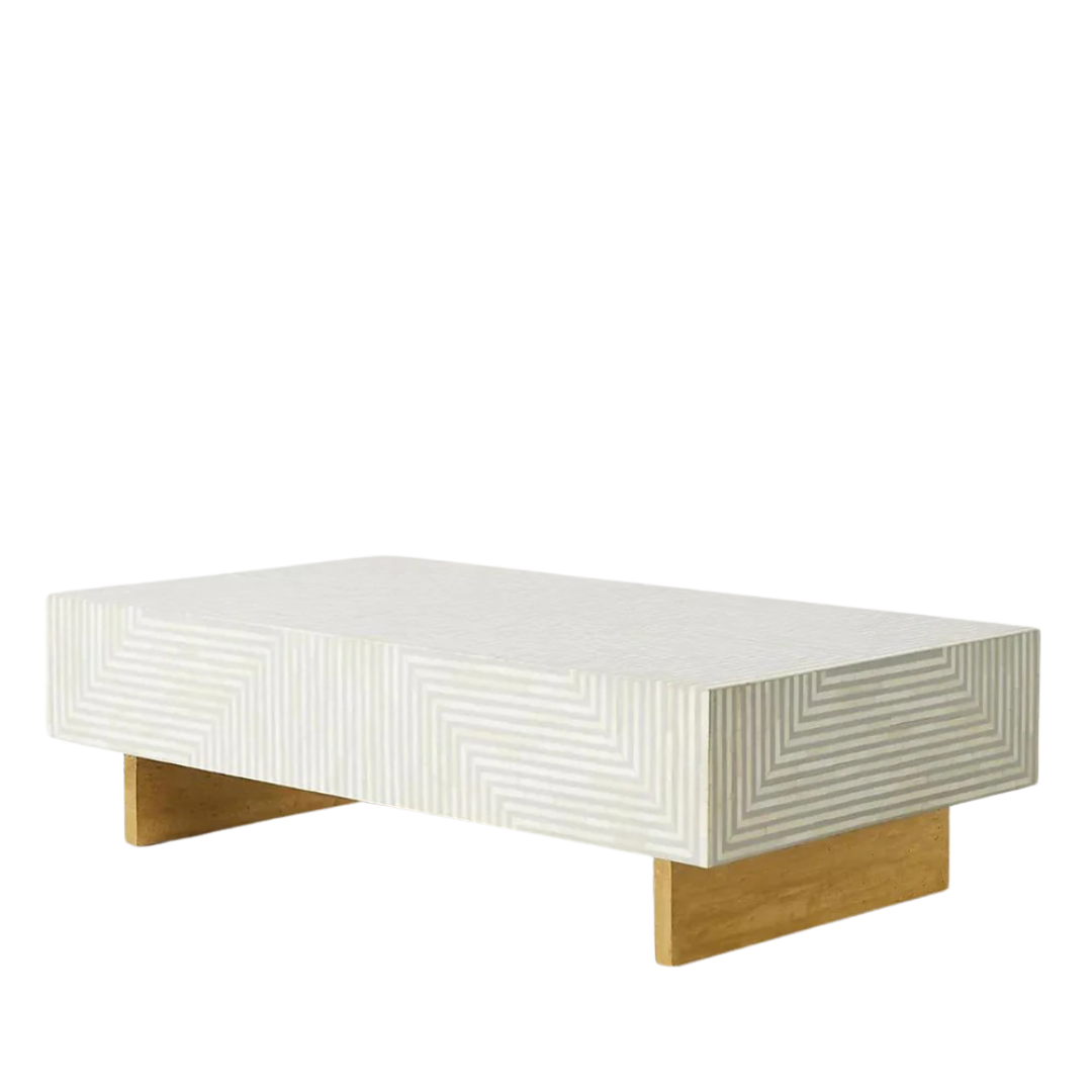 Rectangular grey striped bone inlay coffee table with a sleek design.