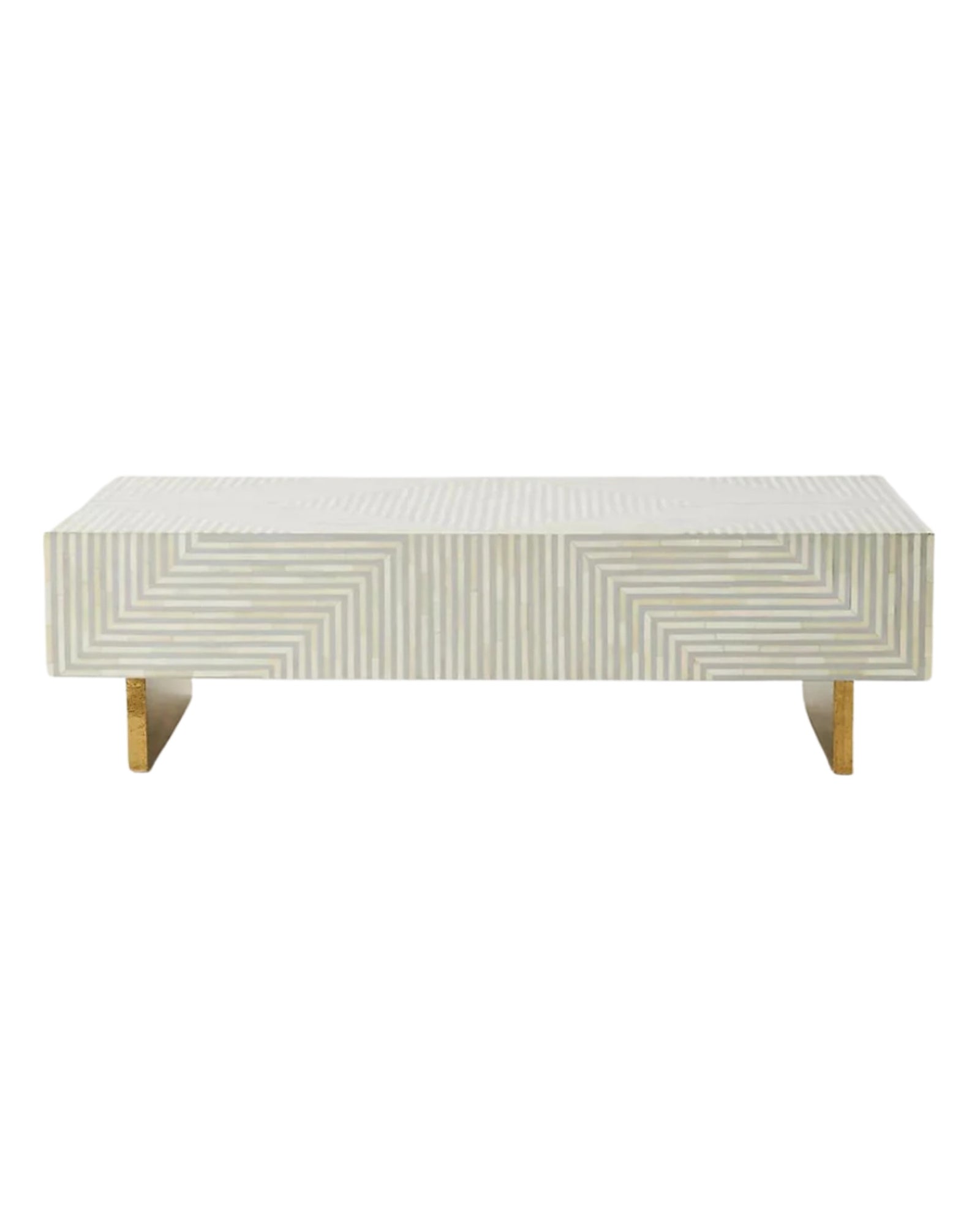 Rectangular grey striped bone inlay coffee table with a sleek design.