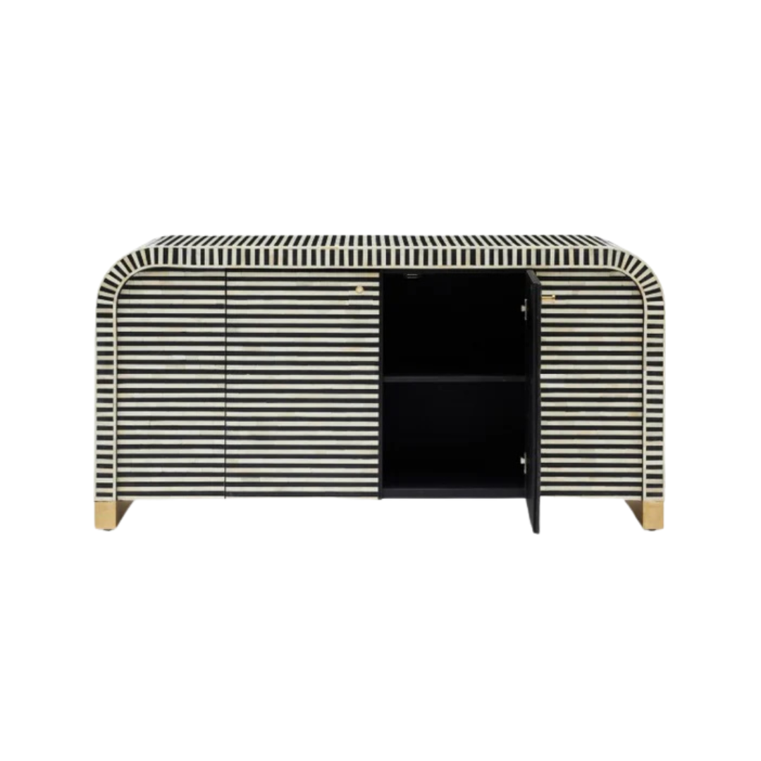 Handcrafted Black & White cabinet with intricate bone inlay, featuring striped pattern and sleek metal legs. A luxurious storage solution for any space.