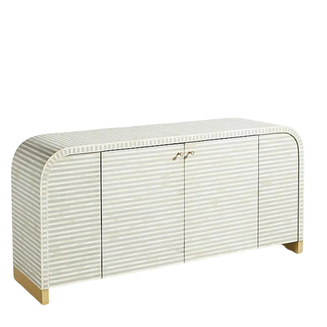 Handcrafted Pale Grey Bone Inlay Sideboard with intricate Bone Inlay, featuring striped pattern and sleek metal legs. A luxurious storage solution for any space.