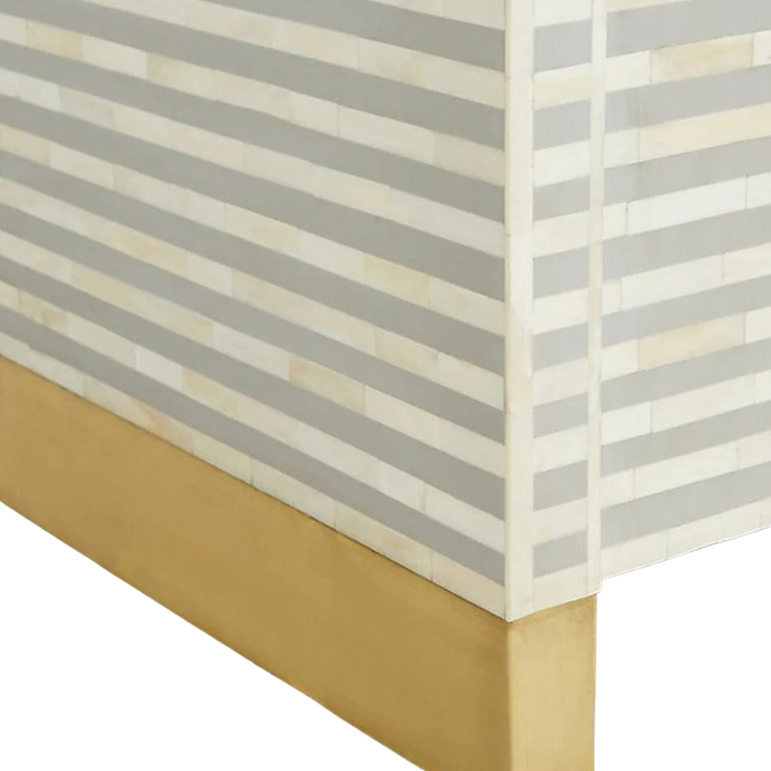 Handcrafted Pale Grey Bone Inlay Sideboard with intricate Bone Inlay, featuring striped pattern and sleek metal legs. A luxurious storage solution for any space.