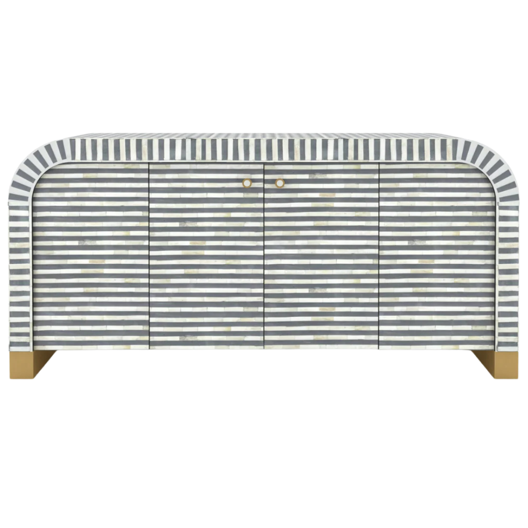 Handcrafted Grey Mother of Pearl Inlay Sideboard with intricate Bone Inlay, featuring striped pattern and sleek metal legs. A luxurious storage solution for any space.