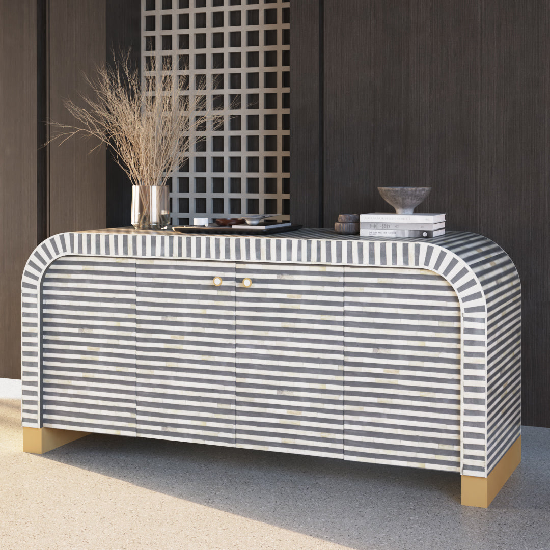 Handcrafted Grey Mother of Pearl Inlay Sideboard with intricate Bone Inlay, featuring striped pattern and sleek metal legs. A luxurious storage solution for any space.