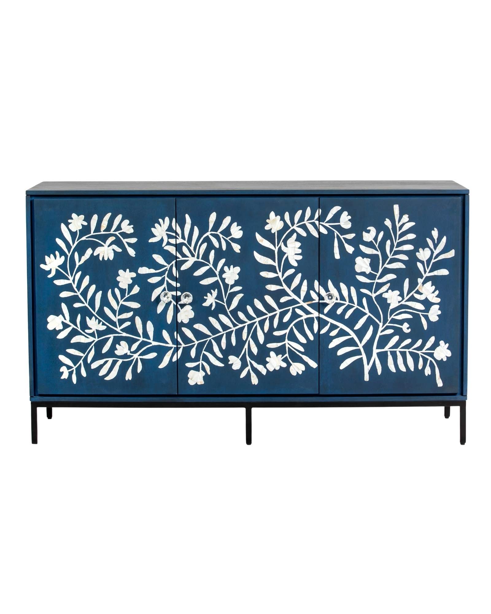 Mother of pearl inlay cabinet featuring intricate floral vine pattern in blue and white, handcrafted furniture piece.