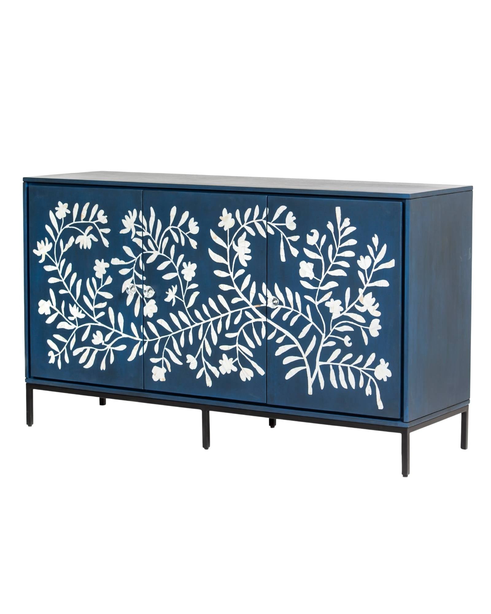 Mother of pearl inlay cabinet featuring intricate floral vine pattern in blue and white, handcrafted furniture piece.