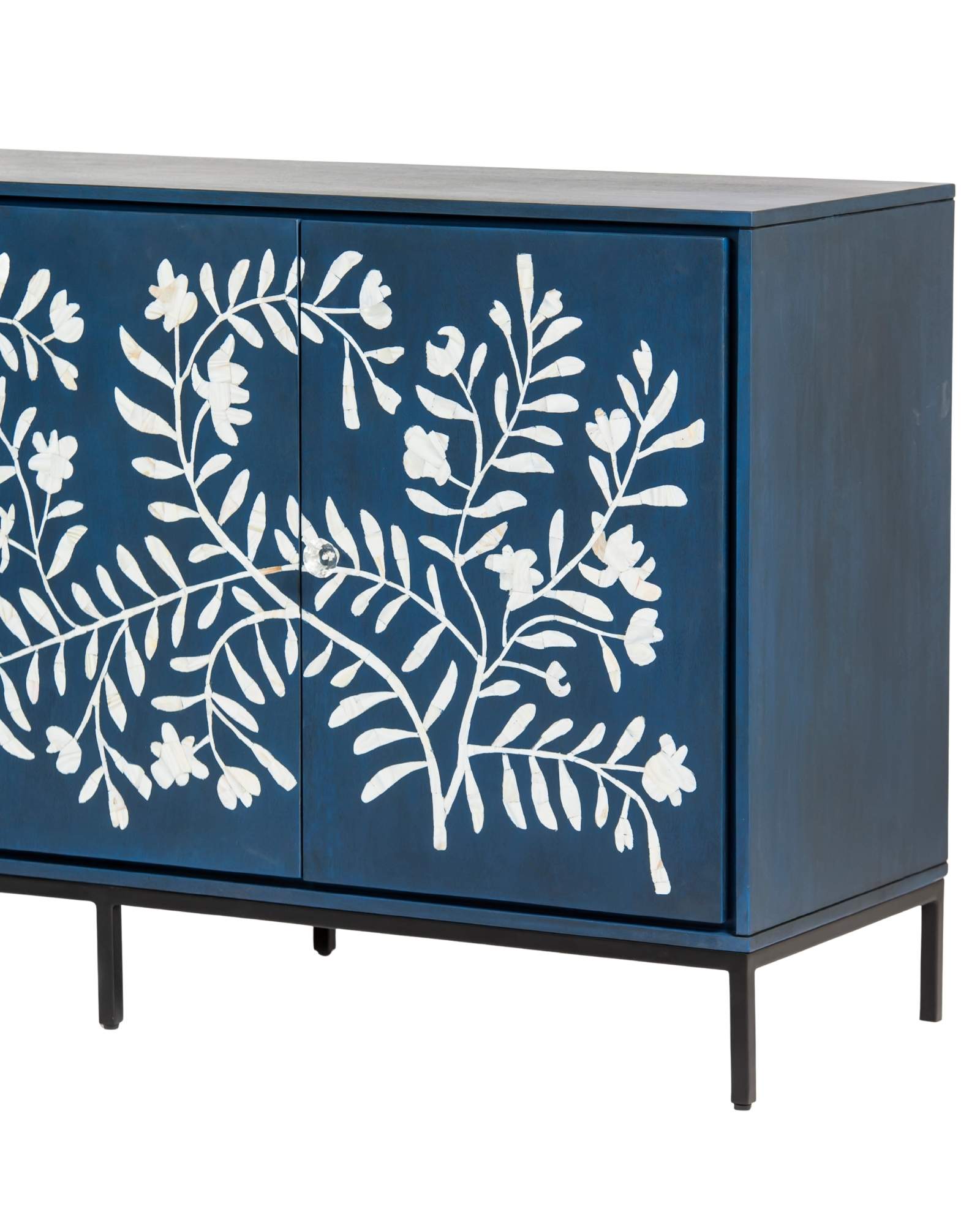 Mother of pearl inlay cabinet featuring intricate floral vine pattern in blue and white, handcrafted furniture piece.