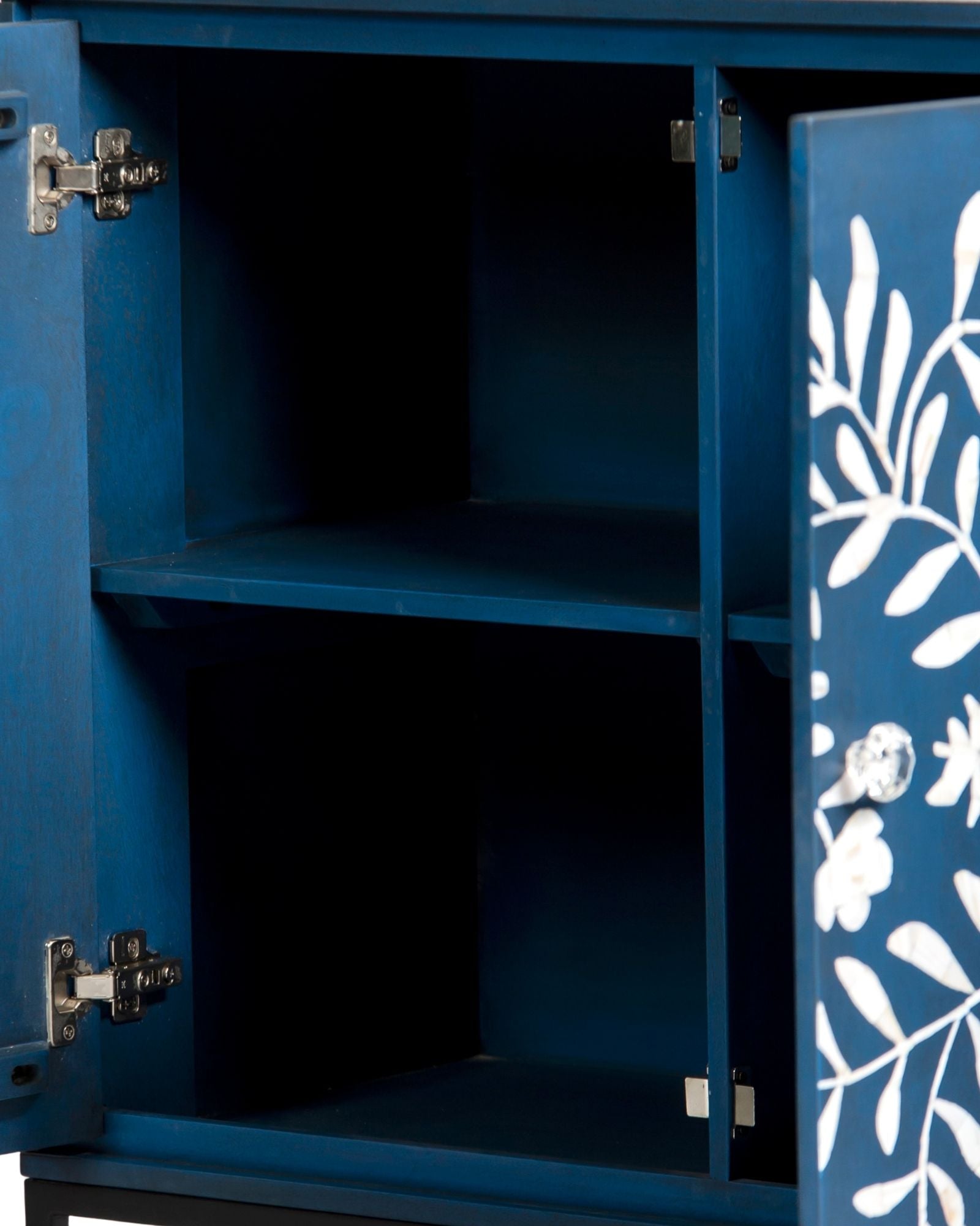 Mother of pearl inlay cabinet featuring intricate floral vine pattern in blue and white, handcrafted furniture piece.