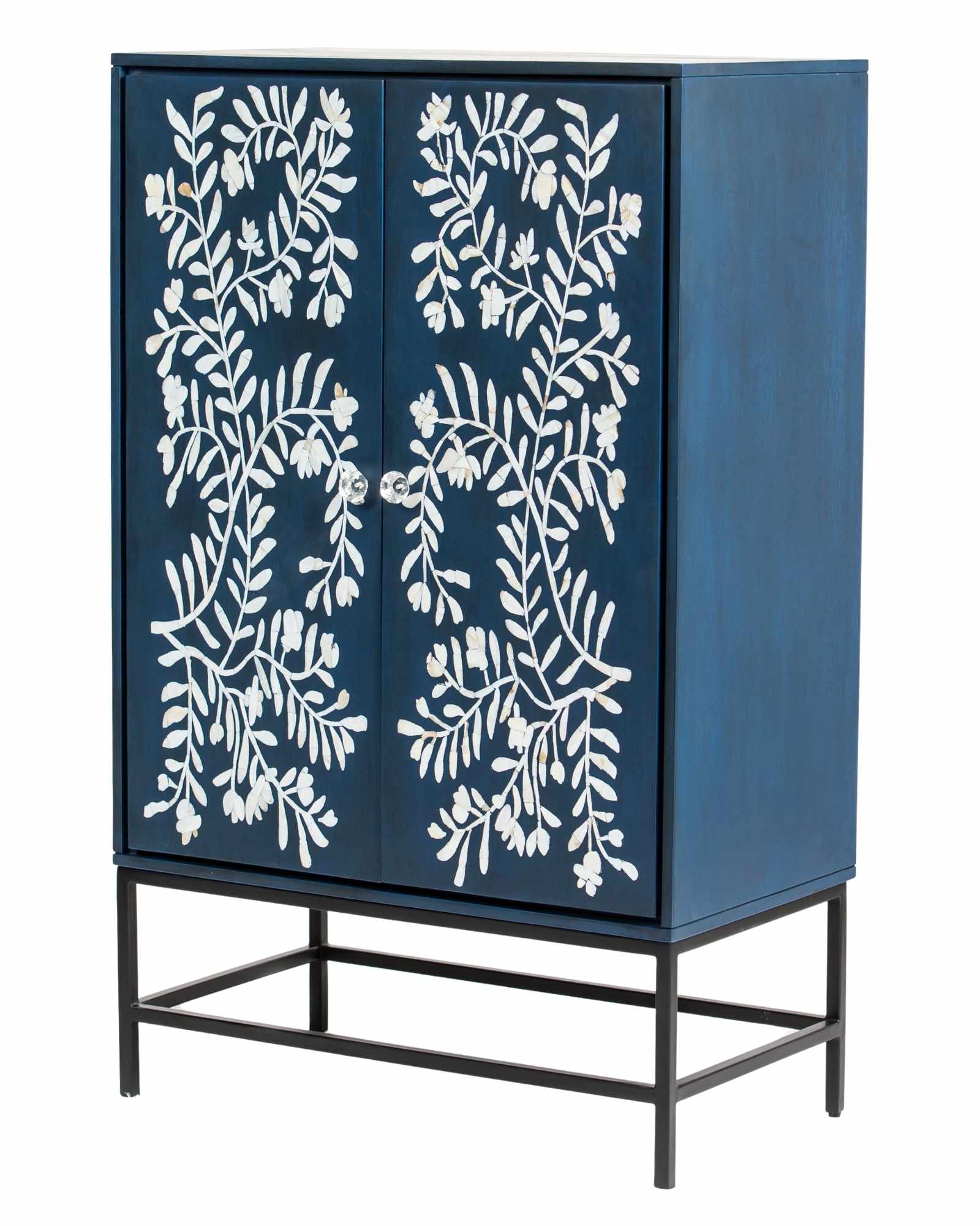 Mother of pearl inlay cabinet featuring intricate floral vine pattern in blue and white, handcrafted furniture piece.