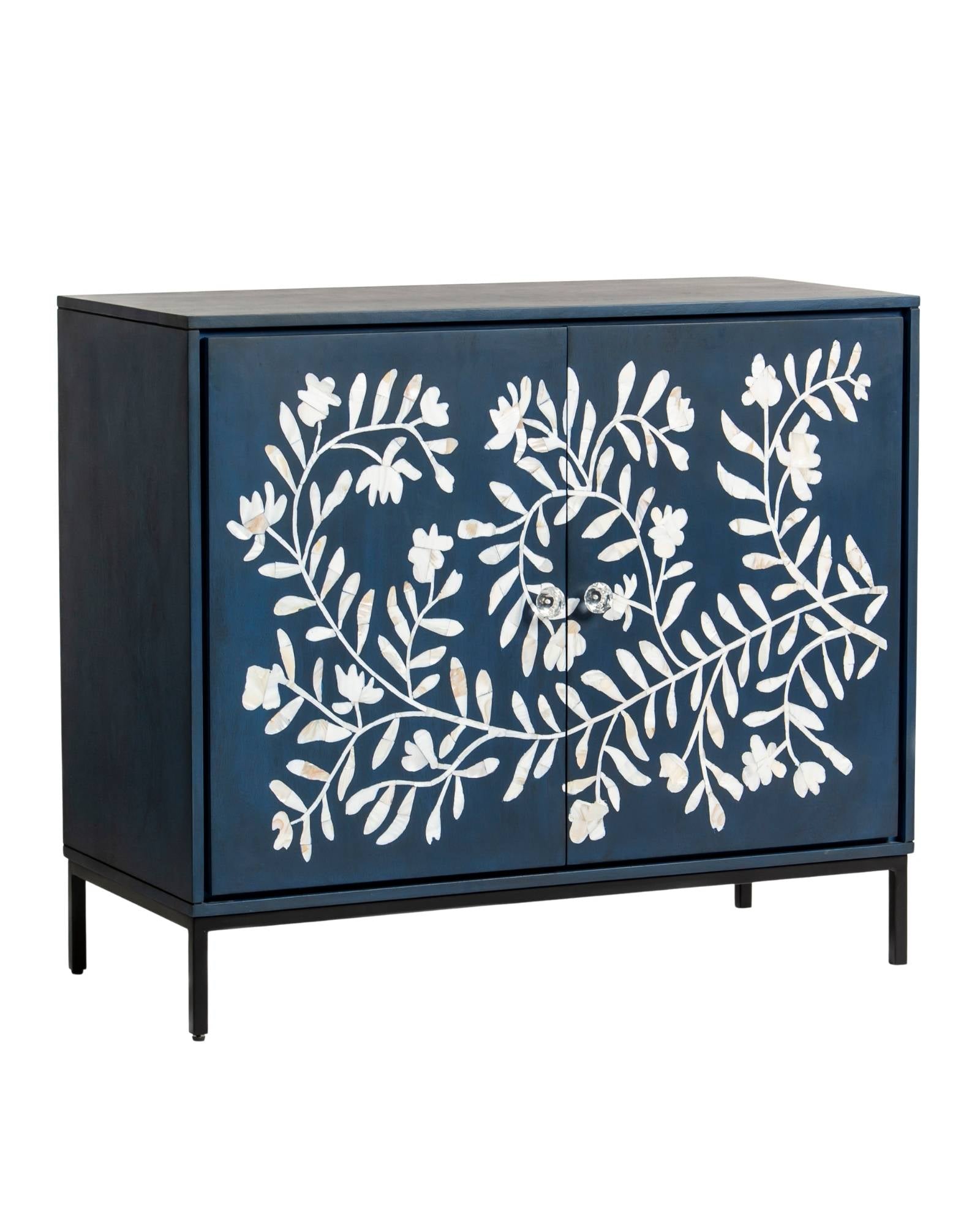 Mother of pearl inlay cabinet featuring intricate floral vine pattern in blue and white, handcrafted furniture piece.