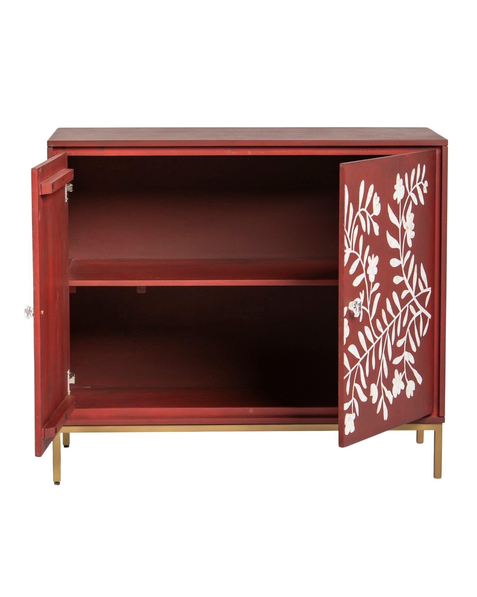 Mother of pearl inlay cabinet featuring intricate floral vine pattern in burgundy and white, handcrafted furniture piece.