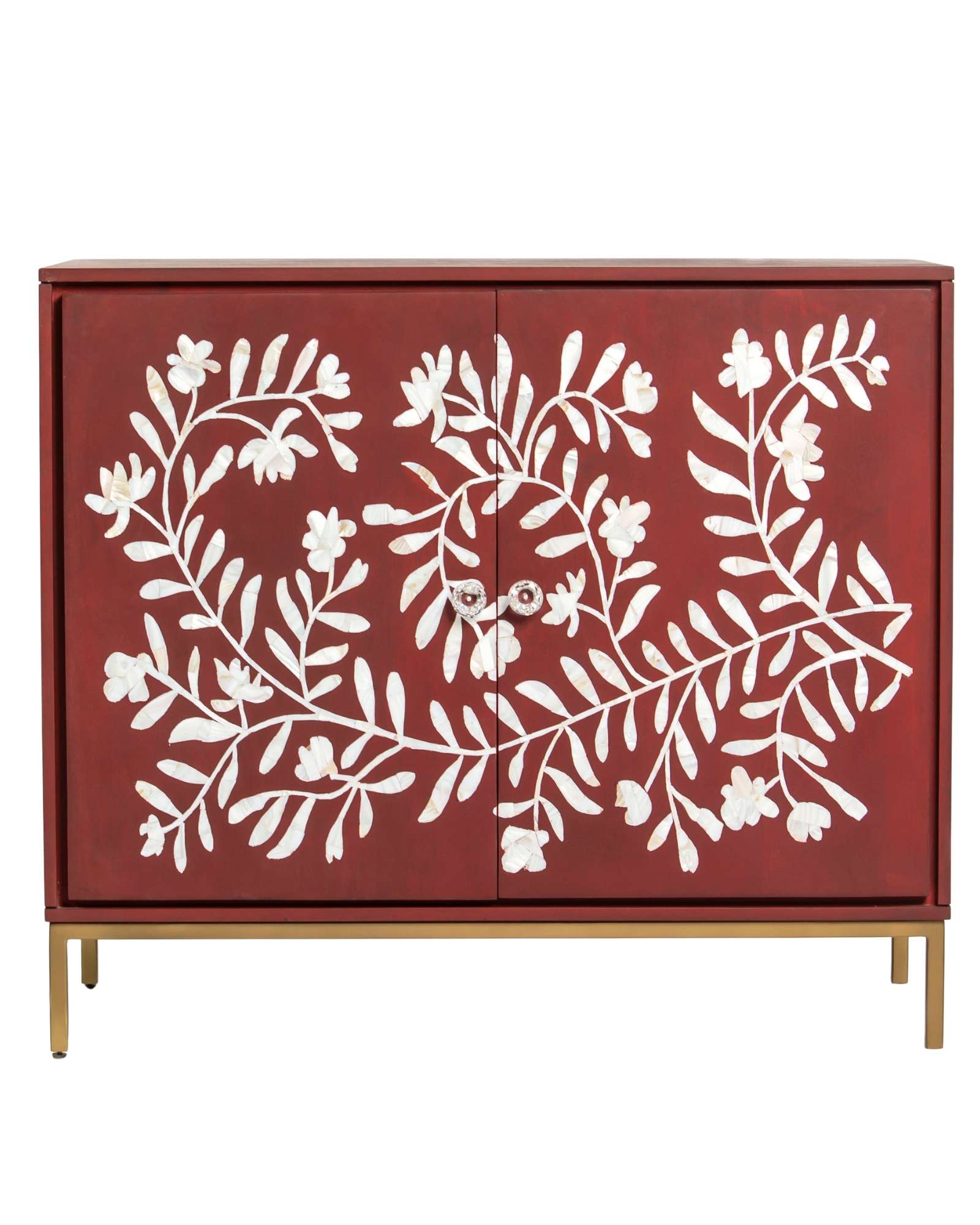 Mother of pearl inlay cabinet featuring intricate floral vine pattern in burgundy and white, handcrafted furniture piece.