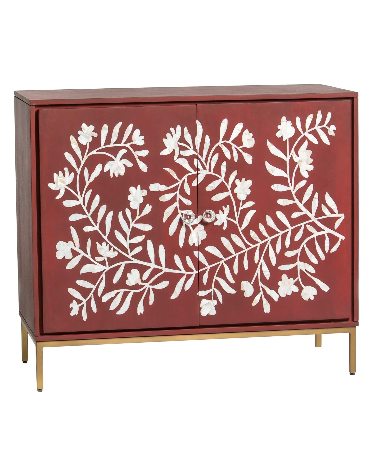 Mother of pearl inlay cabinet featuring intricate floral vine pattern in burgundy and white, handcrafted furniture piece.