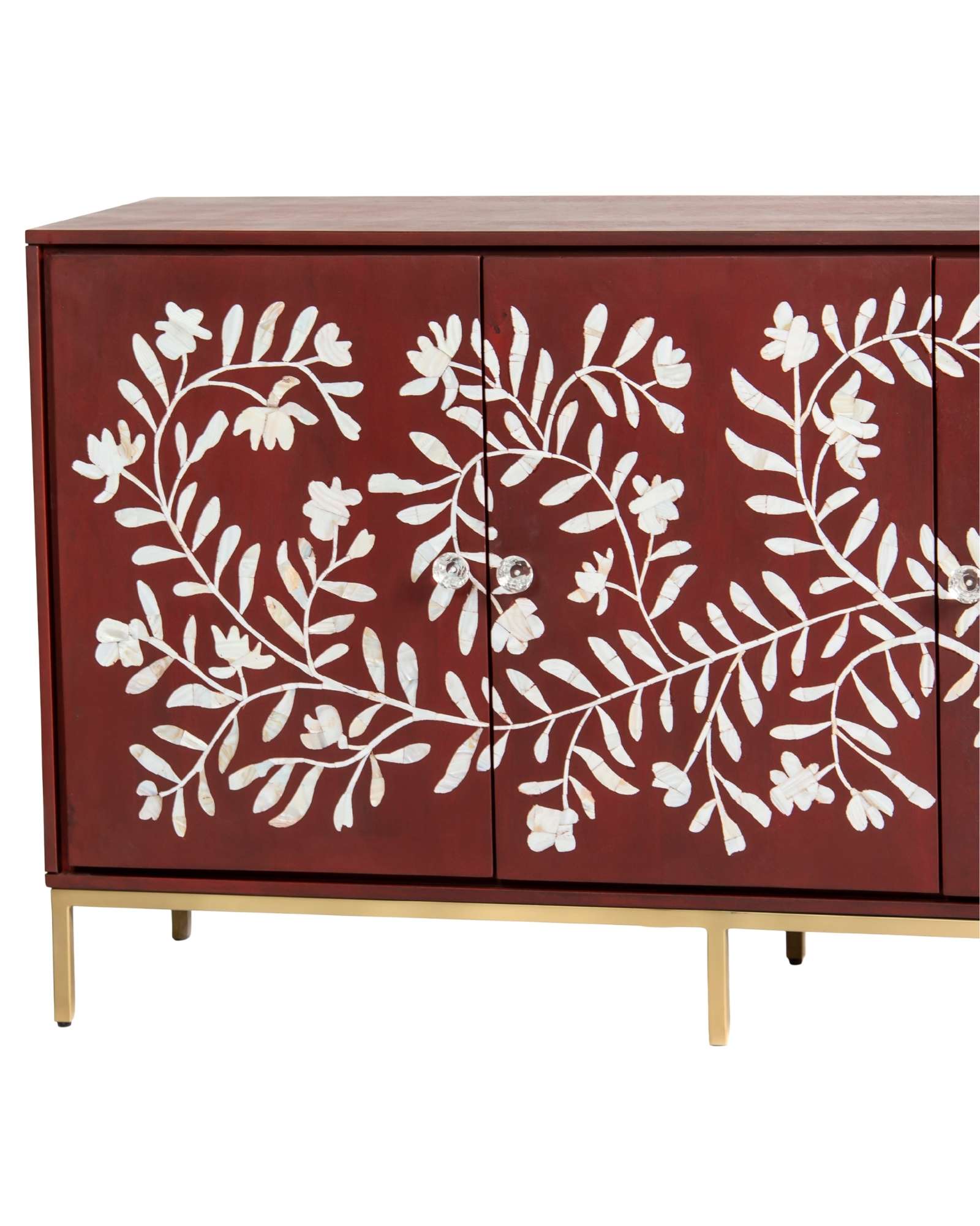 Mother of pearl inlay cabinet featuring intricate floral vine pattern in burgundy and white, handcrafted furniture piece.