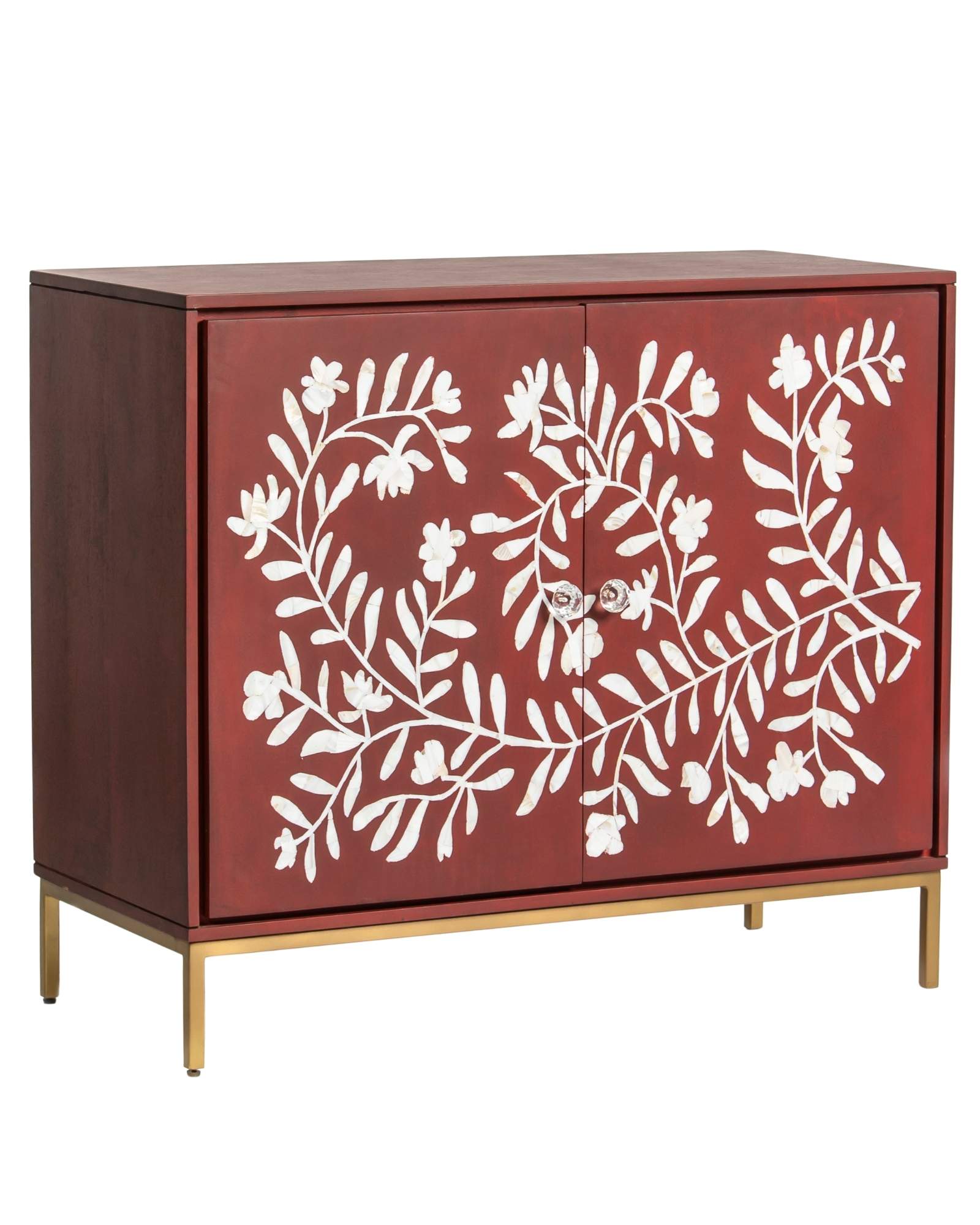 Mother of pearl inlay cabinet featuring intricate floral vine pattern in burgundy and white, handcrafted furniture piece.