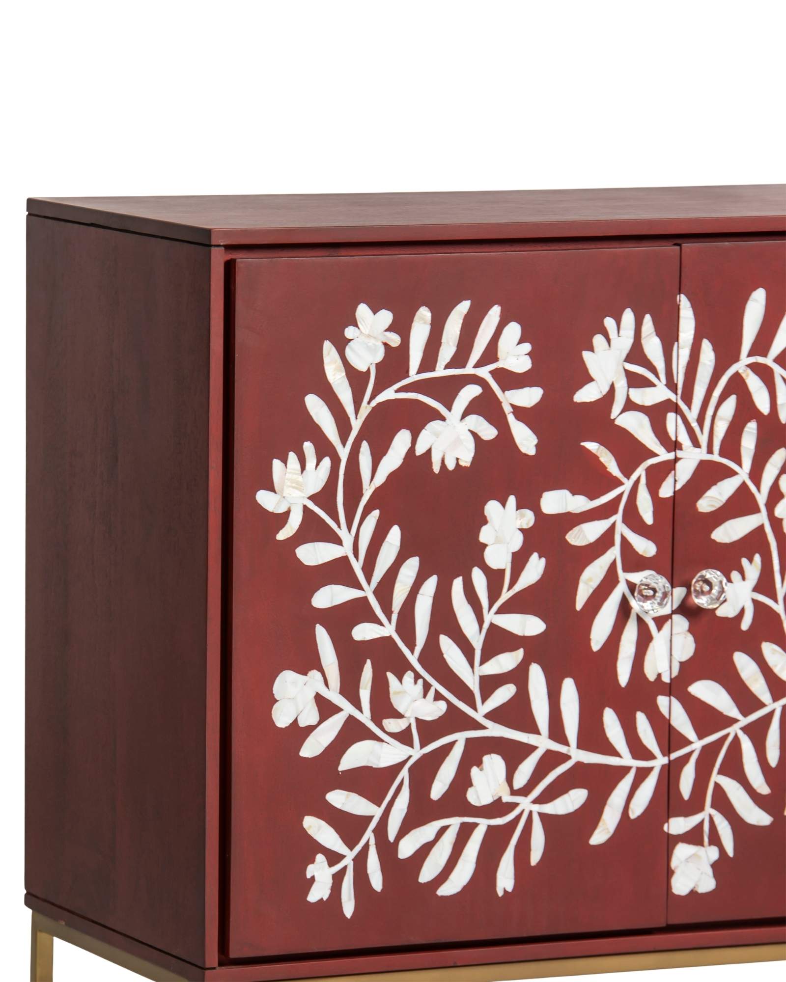Mother of pearl inlay cabinet featuring intricate floral vine pattern in burgundy and white, handcrafted furniture piece.
