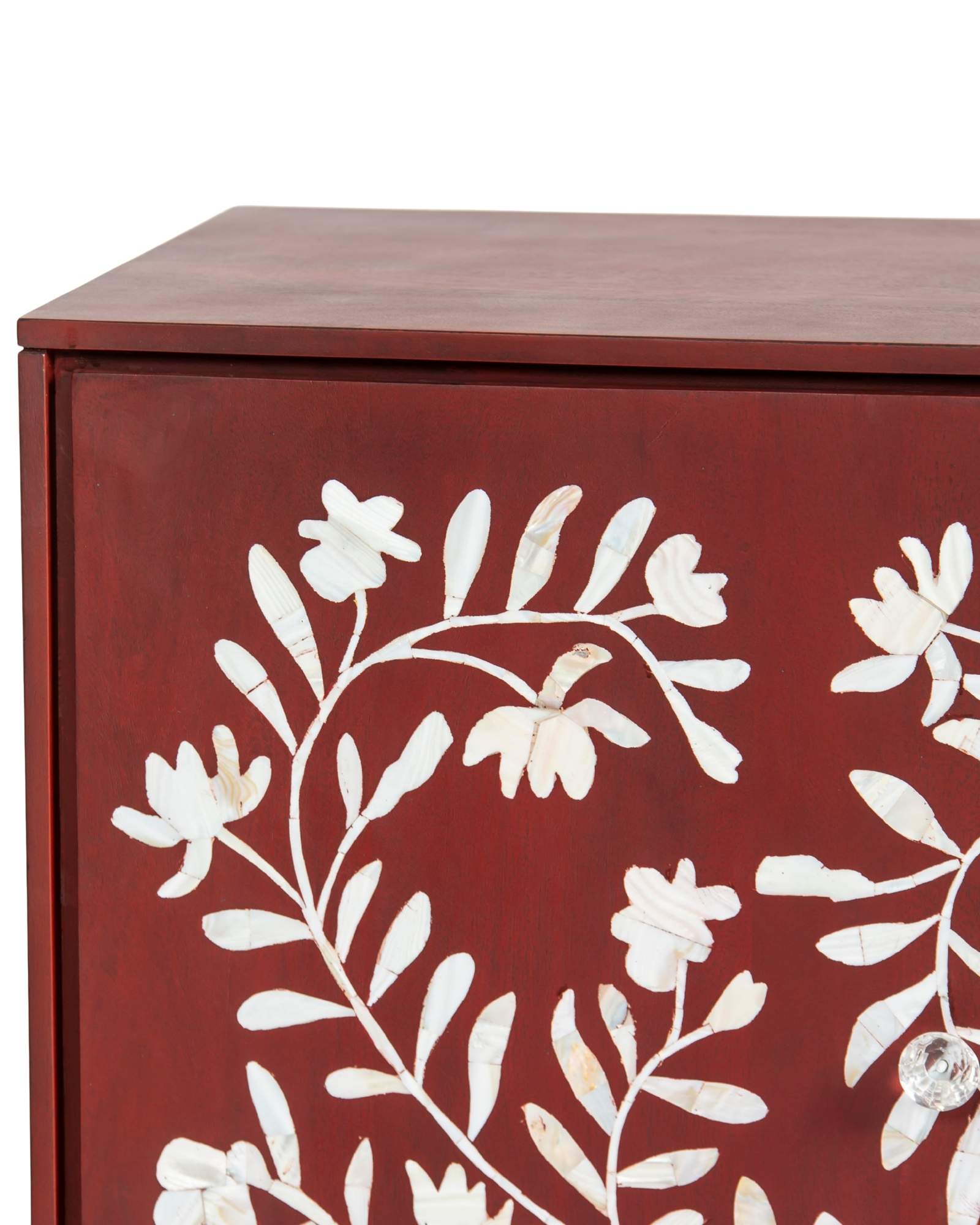 Mother of pearl inlay cabinet featuring intricate floral vine pattern in burgundy and white, handcrafted furniture piece.