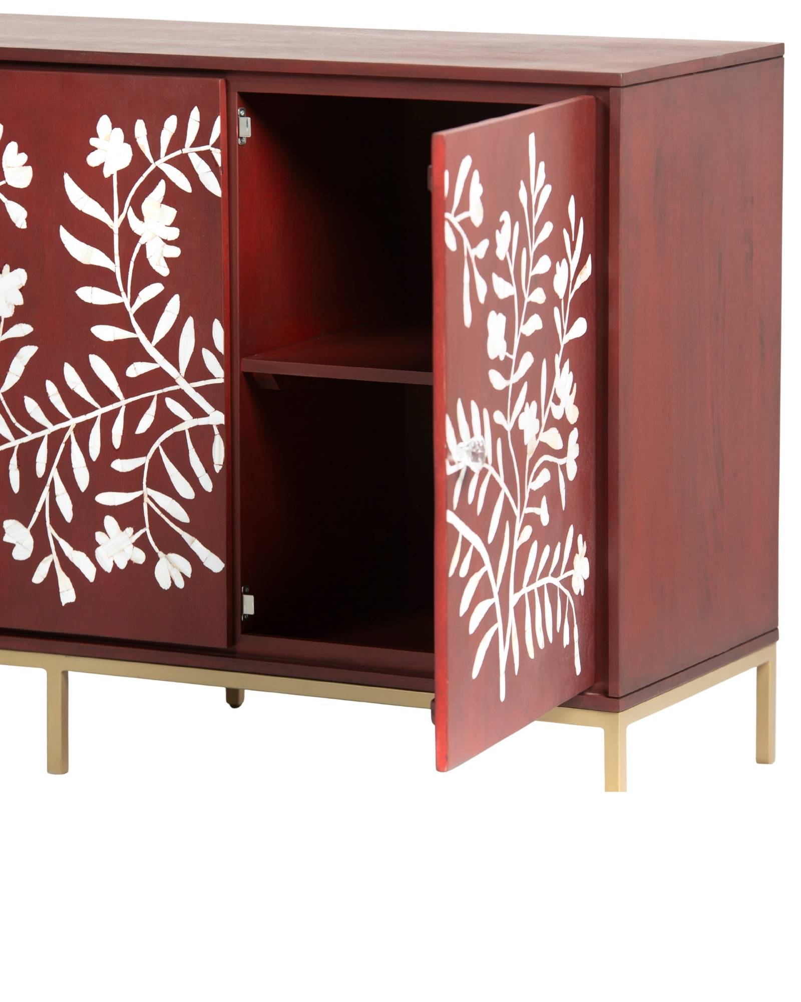 Mother of pearl inlay cabinet featuring intricate floral vine pattern in burgundy and white, handcrafted furniture piece.