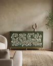 Mother of pearl inlay cabinet featuring intricate floral vine pattern in green and white, handcrafted furniture piece.
