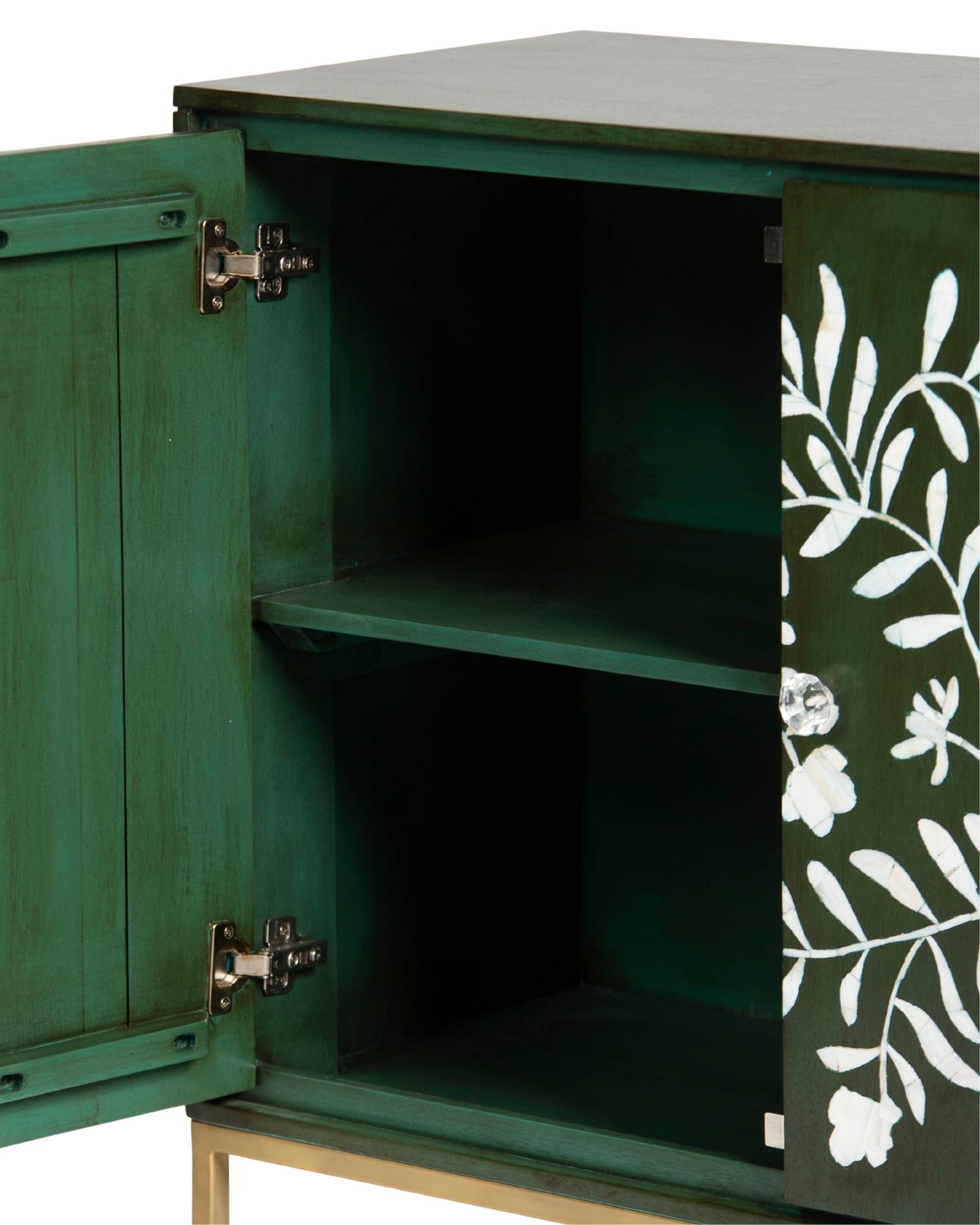 Mother of pearl inlay cabinet featuring intricate floral vine pattern in green and white, handcrafted furniture piece.