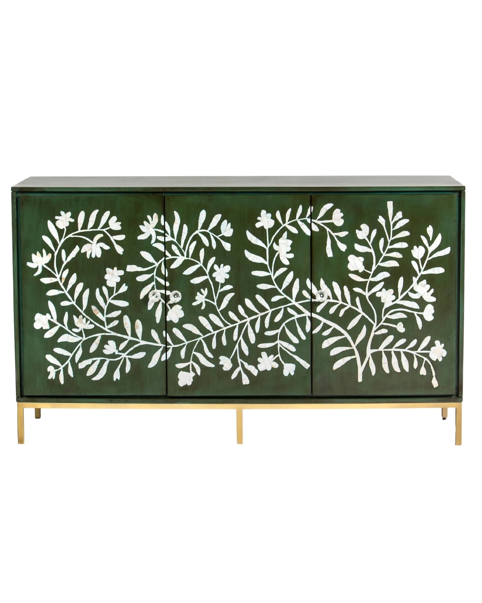 Mother of pearl inlay cabinet featuring intricate floral vine pattern in green and white, handcrafted furniture piece.