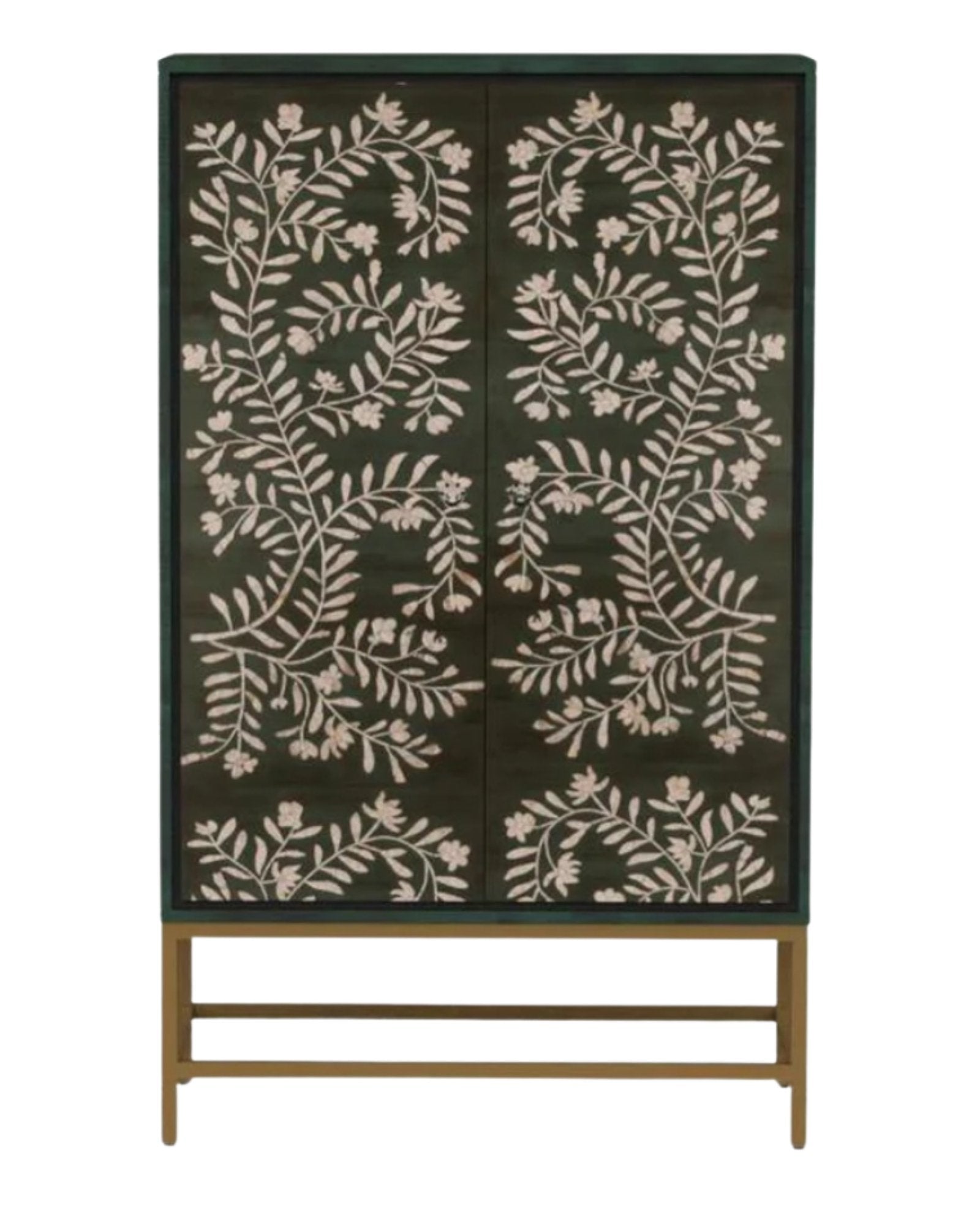 Handcrafted green cabinet with floral mother of pearl inlay, two doors, and versatile storage for dining or entryway use.