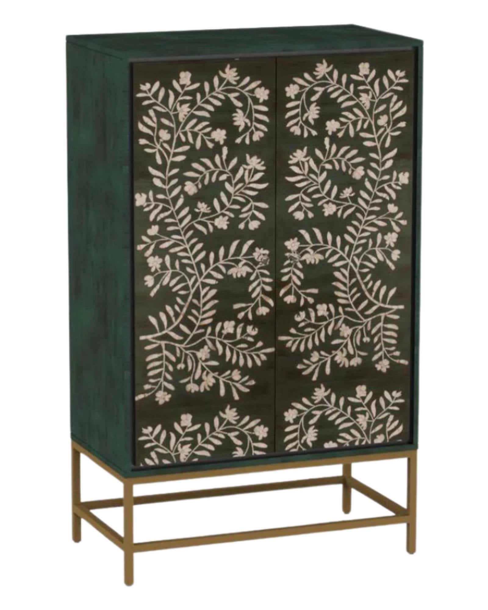 Handcrafted green cabinet with floral mother of pearl inlay, two doors, and versatile storage for dining or entryway use.