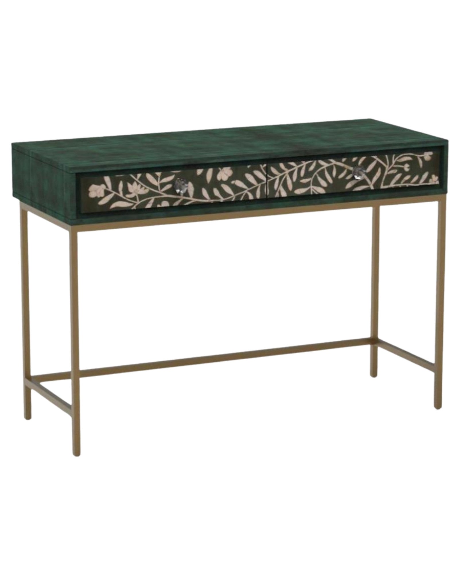 Handcrafted green console table with floral mother of pearl inlay, three spacious drawers, and sleek gold legs for a refined, modern look.