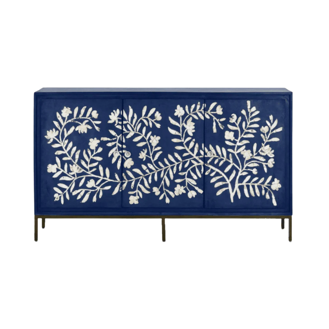 Handcrafted blue cabinet with intricate mother-of-pearl inlay, featuring a floral pattern and sleek metal legs. A luxurious storage solution for any space.