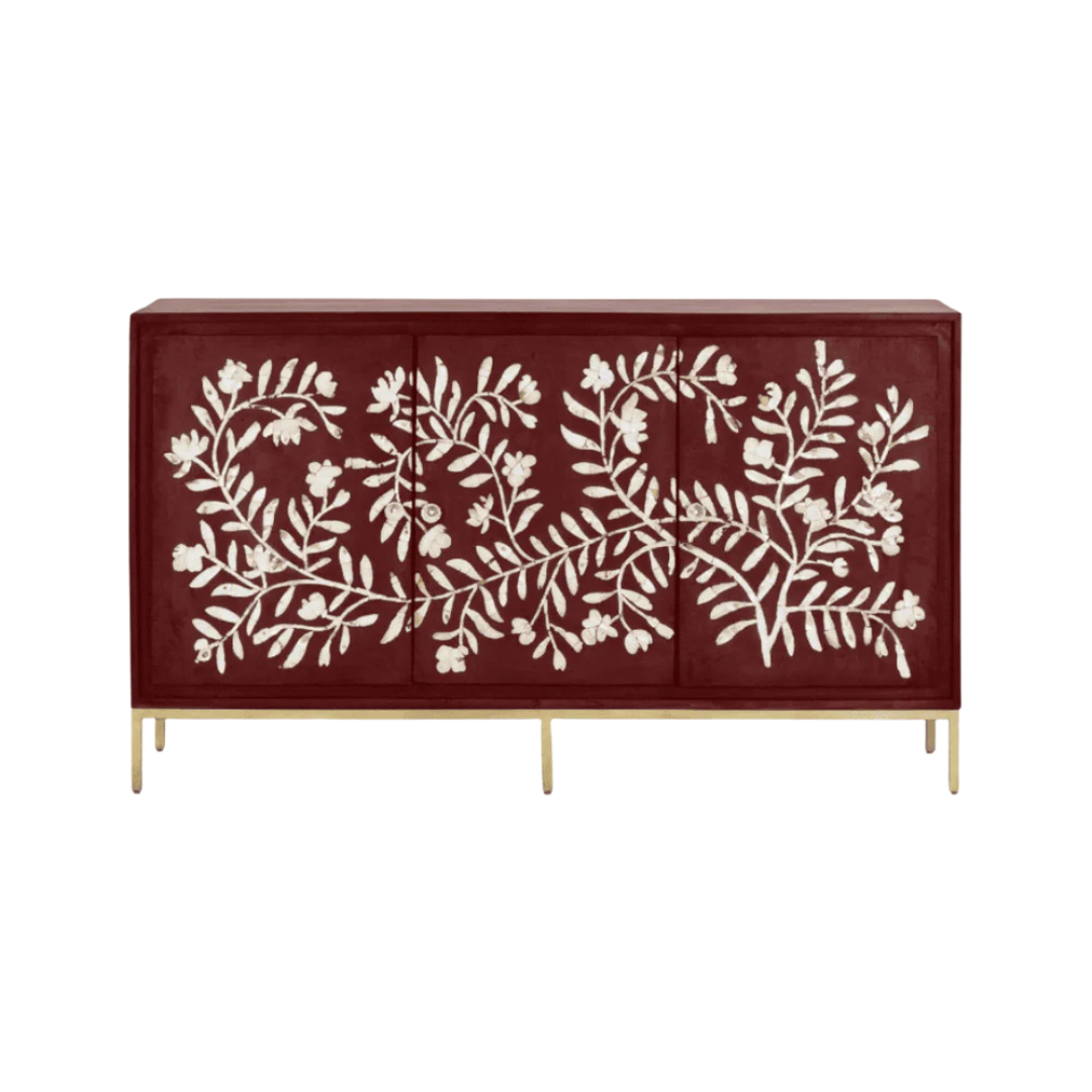 Handcrafted burgundy cabinet featuring intricate mother-of-pearl inlay, a floral pattern, and modern metal legs. A luxurious and functional storage piece.