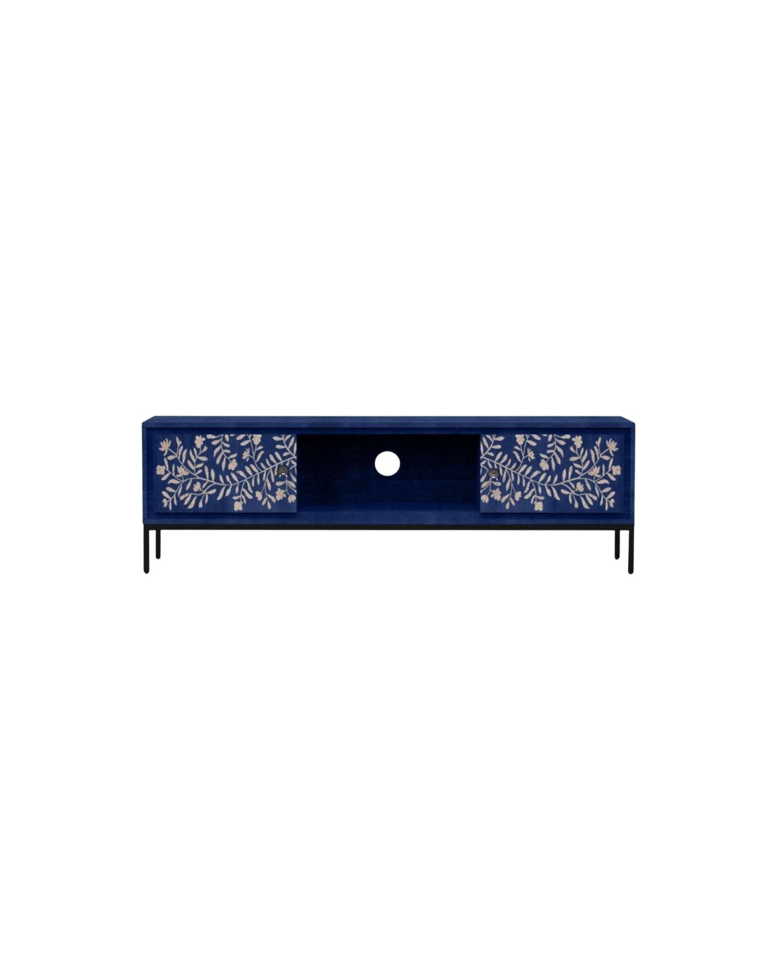 Handcrafted blue TV unit with floral mother of pearl inlay, two spacious cabinets, and central wiring access for a refined, modern setup.