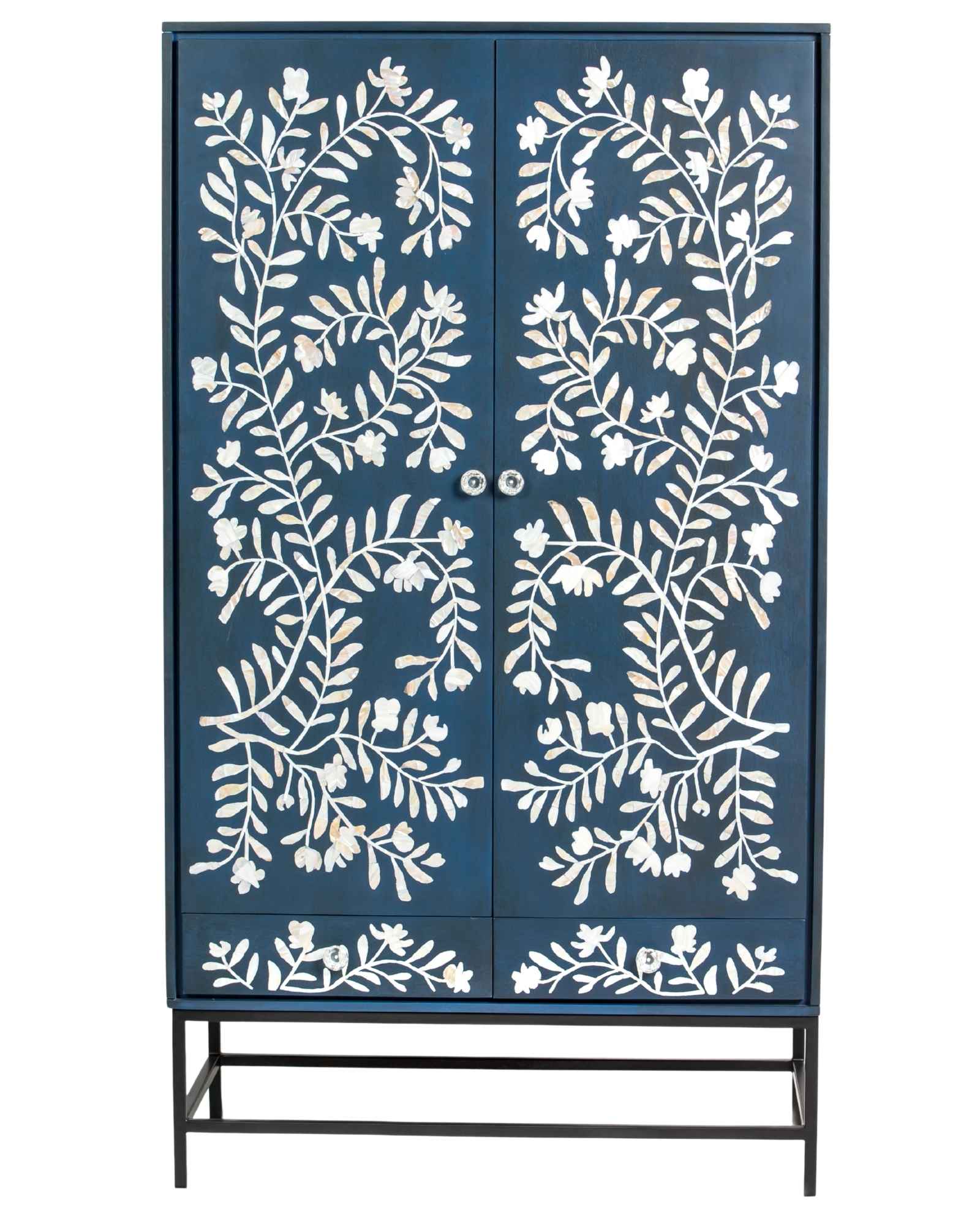Mother of pearl inlay cabinet featuring intricate floral vine pattern in blue and white, handcrafted furniture piece.