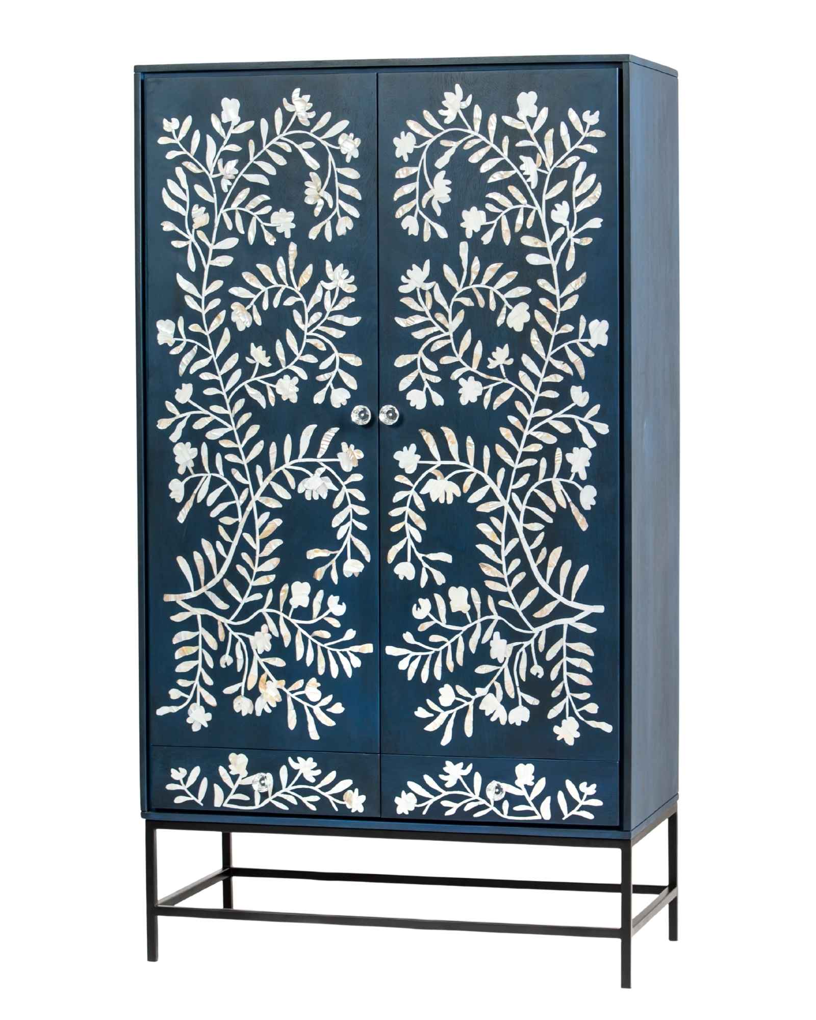 Mother of pearl inlay cabinet featuring intricate floral vine pattern in blue and white, handcrafted furniture piece.