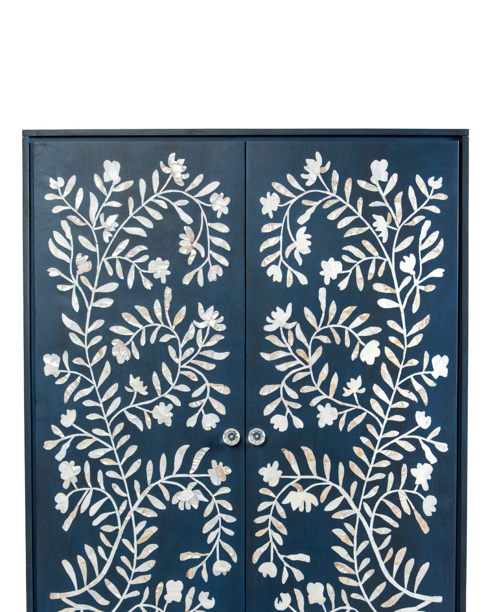 Mother of pearl inlay cabinet featuring intricate floral vine pattern in blue and white, handcrafted furniture piece.