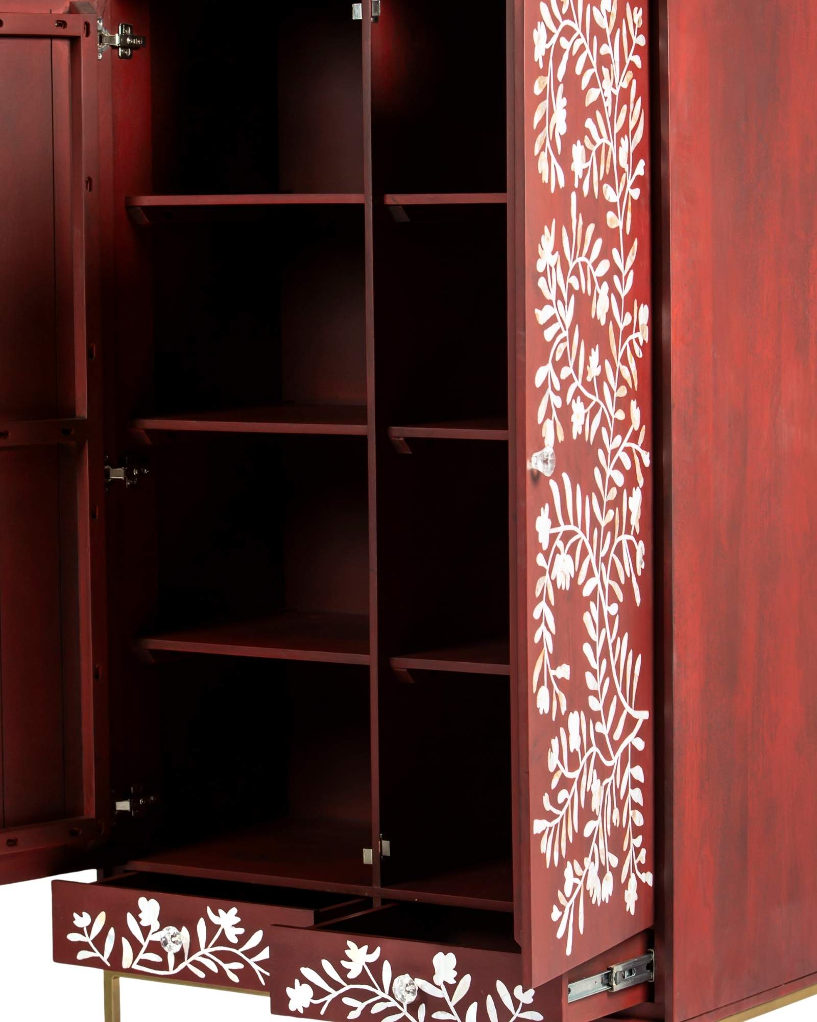 Mother of pearl inlay cabinet featuring intricate floral vine pattern in burgundy and white, handcrafted furniture piece.