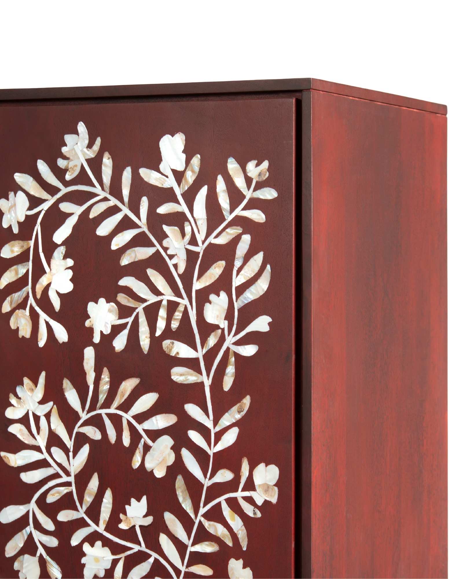 Mother of pearl inlay cabinet featuring intricate floral vine pattern in burgundy and white, handcrafted furniture piece