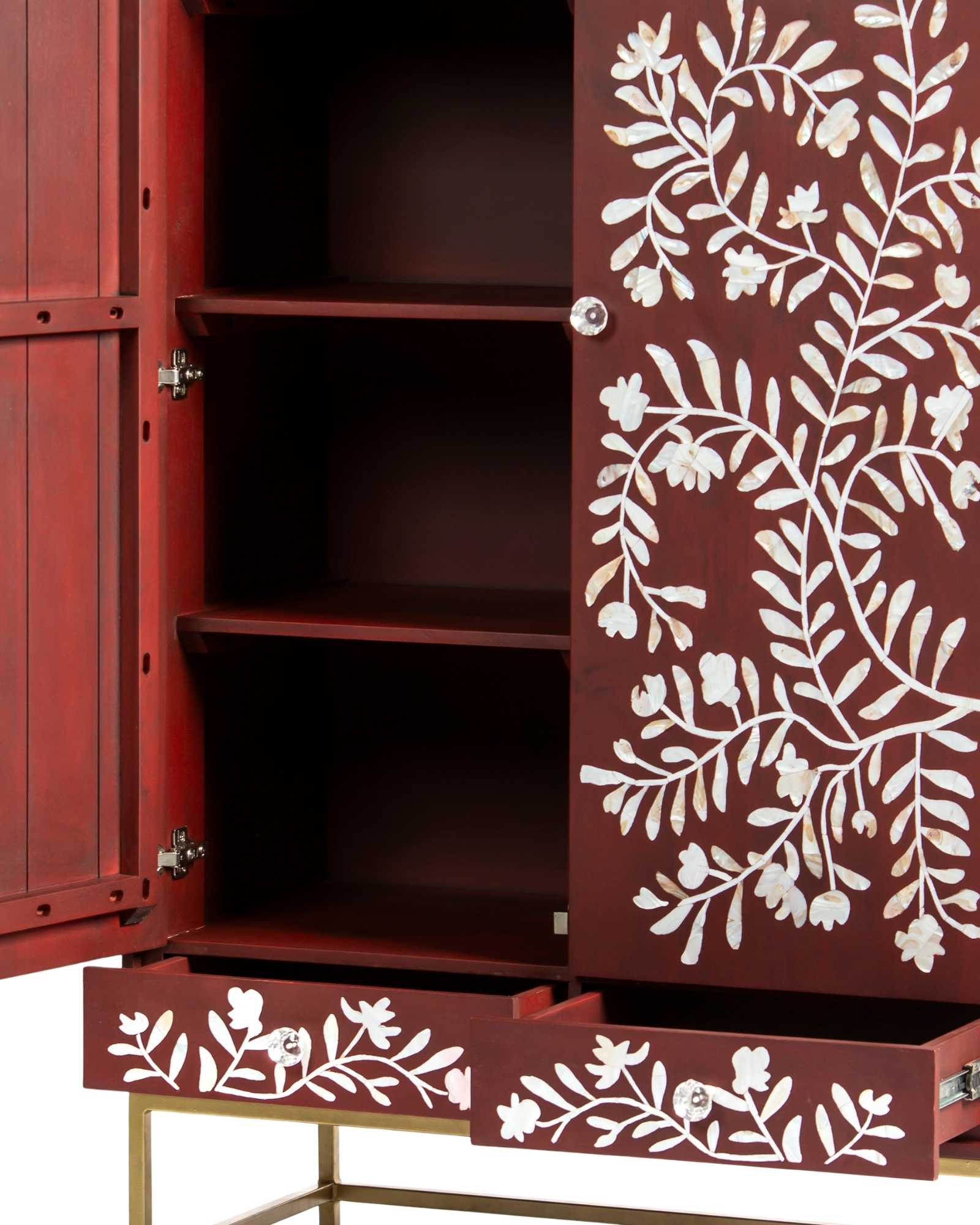 Mother of pearl inlay cabinet featuring intricate floral vine pattern in burgundy and white, handcrafted furniture piece.