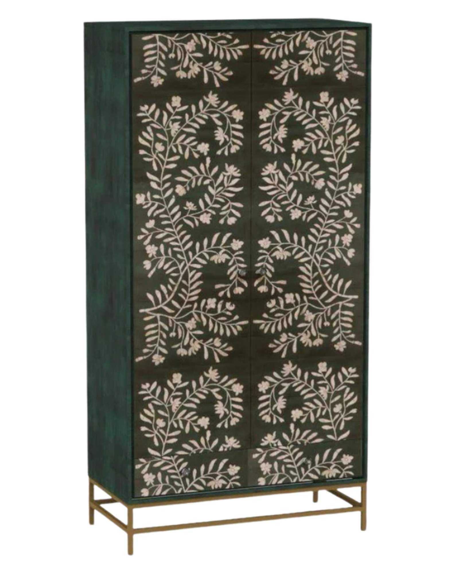 Handcrafted tall cabinet with floral mother of pearl inlay, two doors, and ample storage for use as a wardrobe or shoe cabinet.