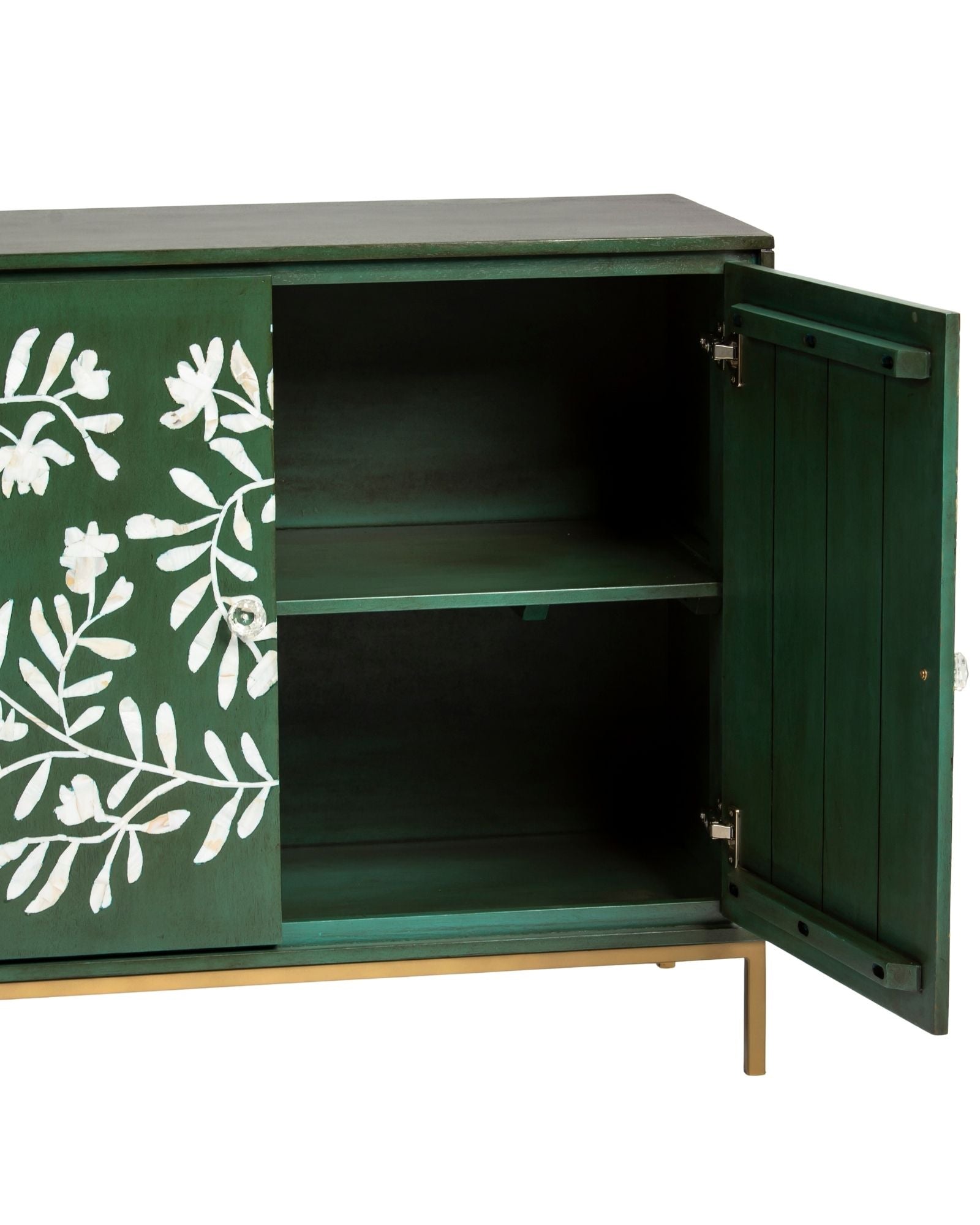 Mother of pearl inlay cabinet featuring intricate floral vine pattern in green and white, handcrafted furniture piece.