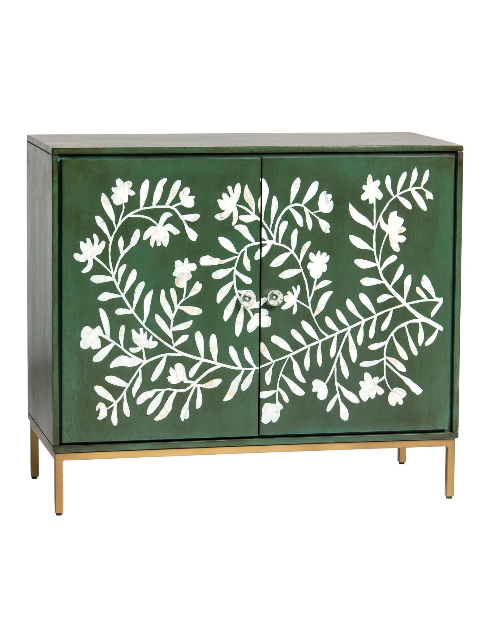 Mother of pearl inlay cabinet featuring intricate floral vine pattern in green and white, handcrafted furniture piece.