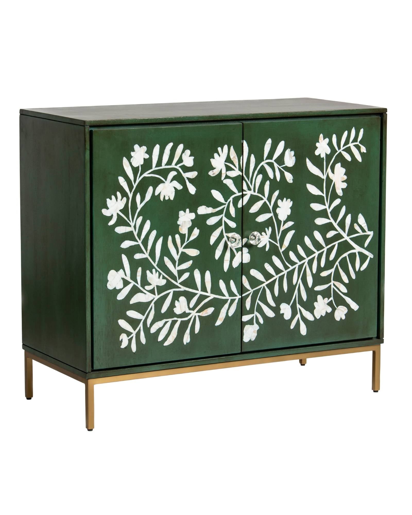 Mother of pearl inlay cabinet featuring intricate floral vine pattern in green and white, handcrafted furniture piece.