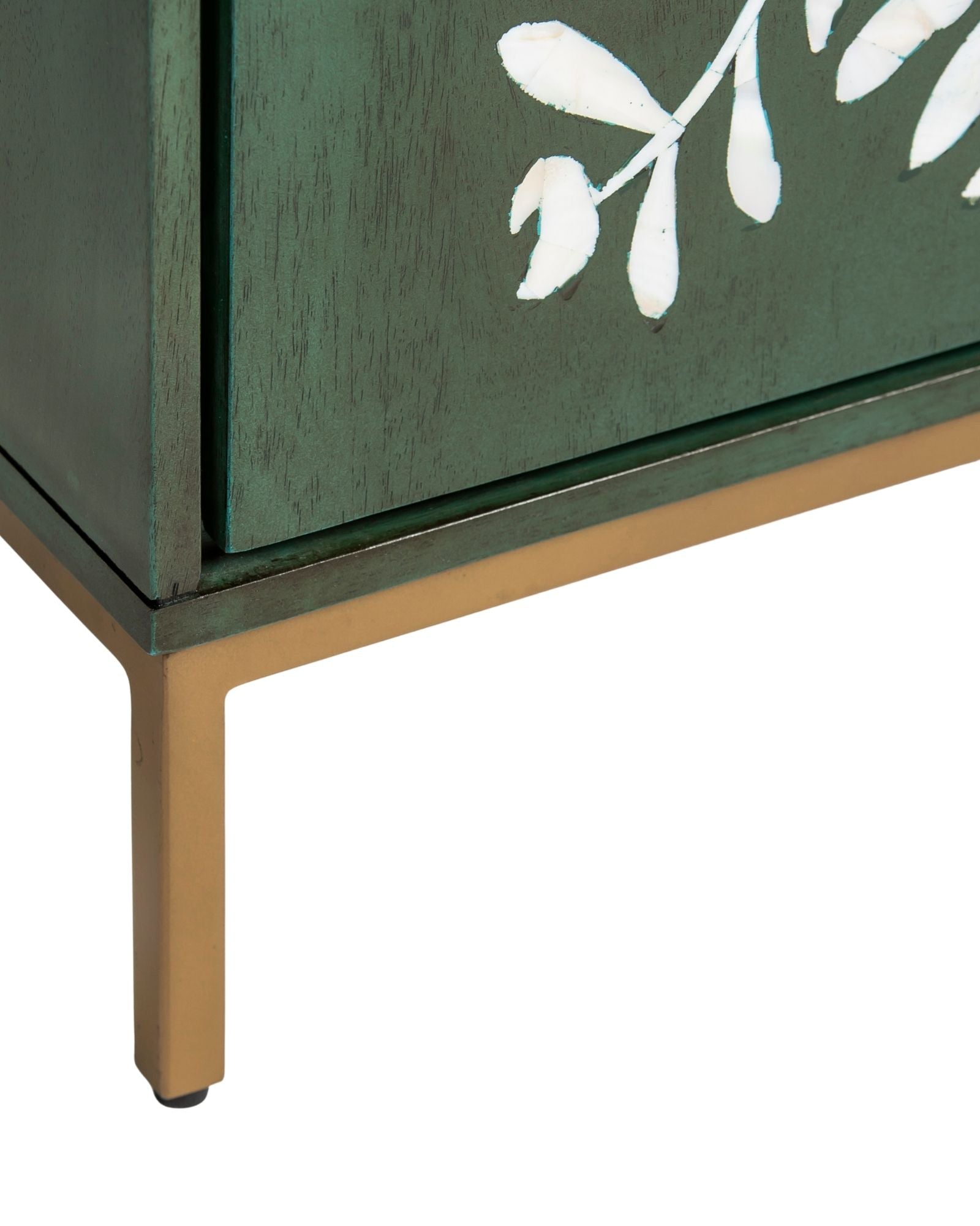 Mother of pearl inlay cabinet featuring intricate floral vine pattern in green and white, handcrafted furniture piece.