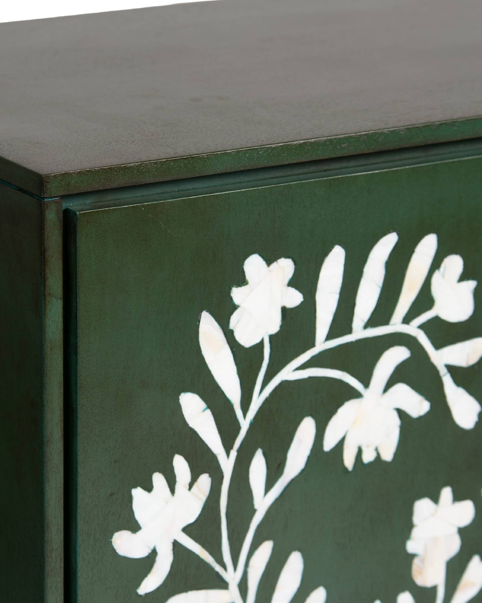 Mother of pearl inlay cabinet featuring intricate floral vine pattern in green and white, handcrafted furniture piece.