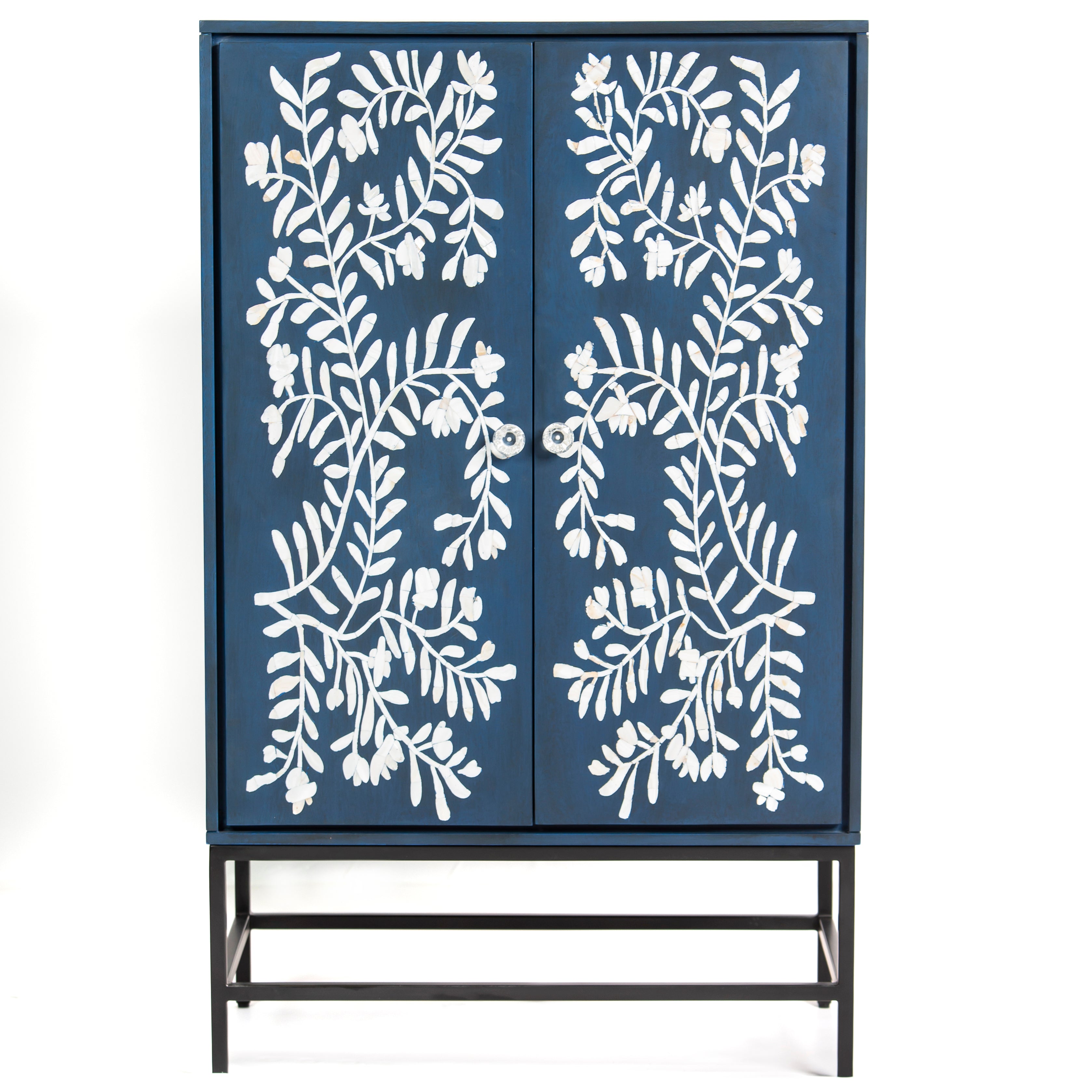 Mother of pearl inlay cabinet featuring intricate floral vine pattern in blue and white, handcrafted furniture piece