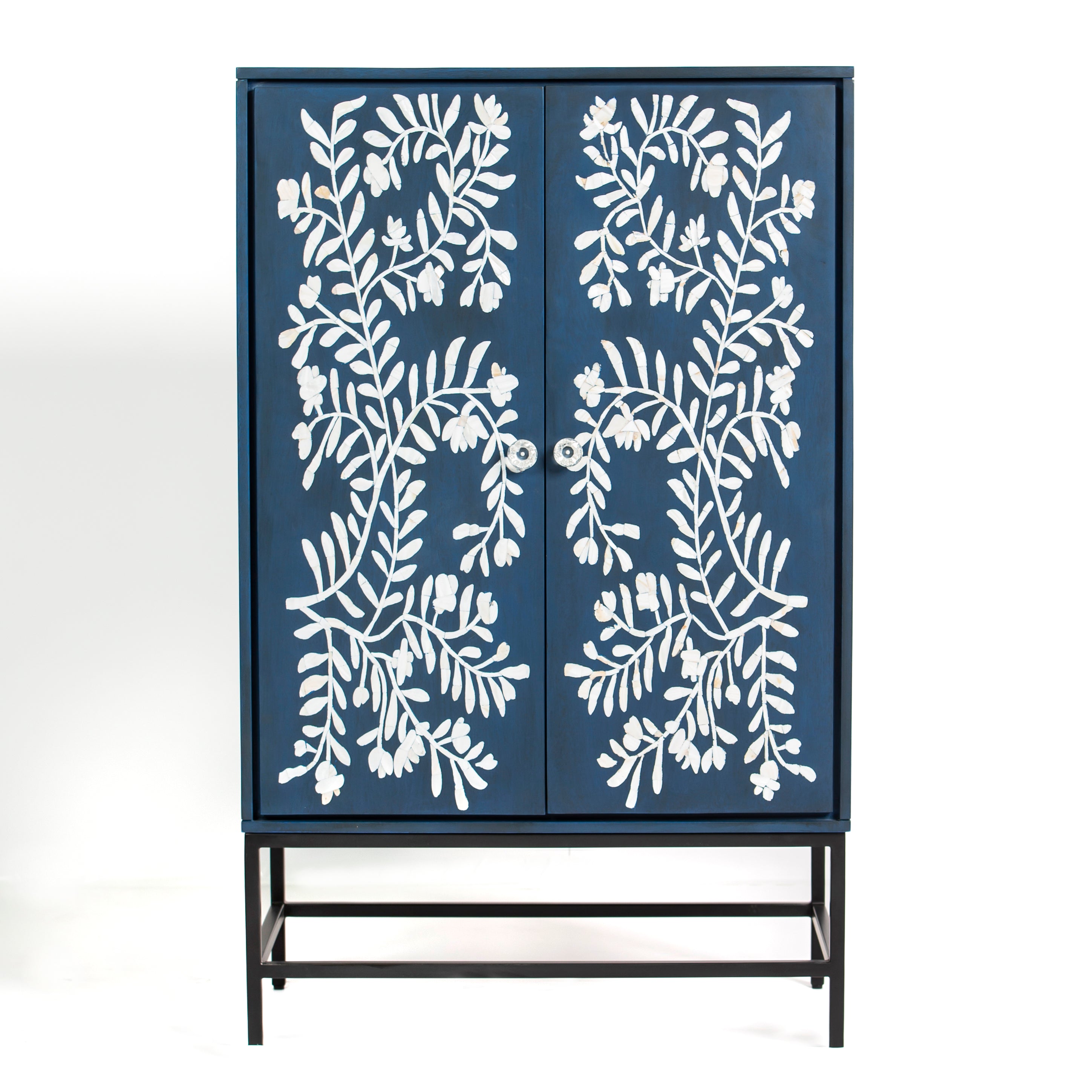 Mother of pearl inlay cabinet featuring intricate floral vine pattern in blue and white, handcrafted furniture piece