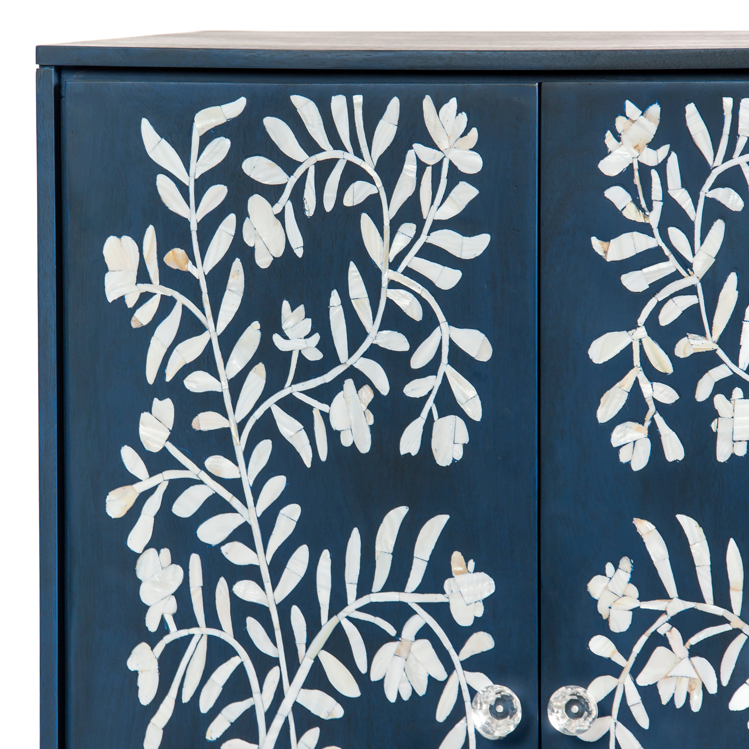 Mother of pearl inlay cabinet featuring intricate floral vine pattern in blue and white, handcrafted furniture piece