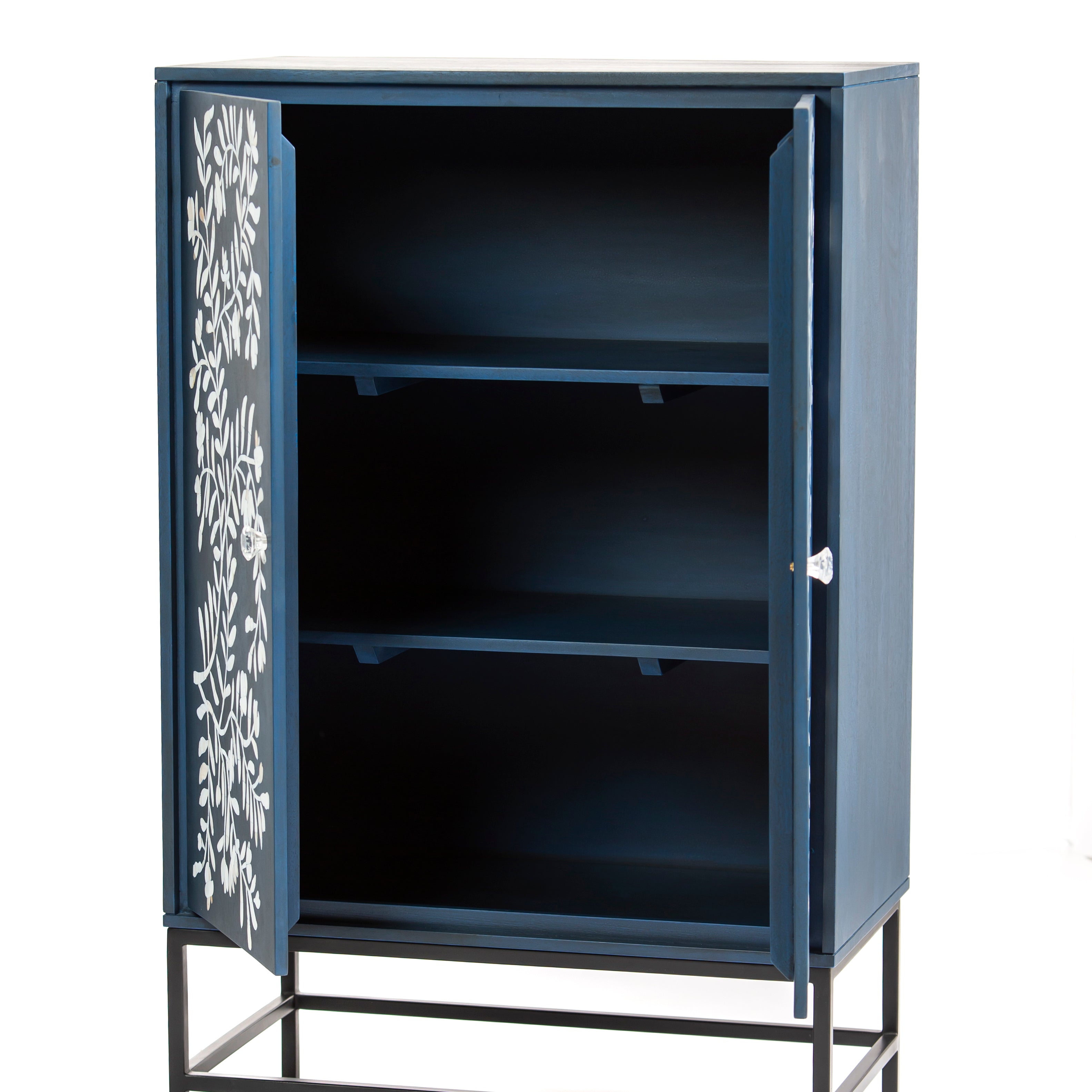 Mother of pearl inlay cabinet featuring intricate floral vine pattern in blue and white, handcrafted furniture piece