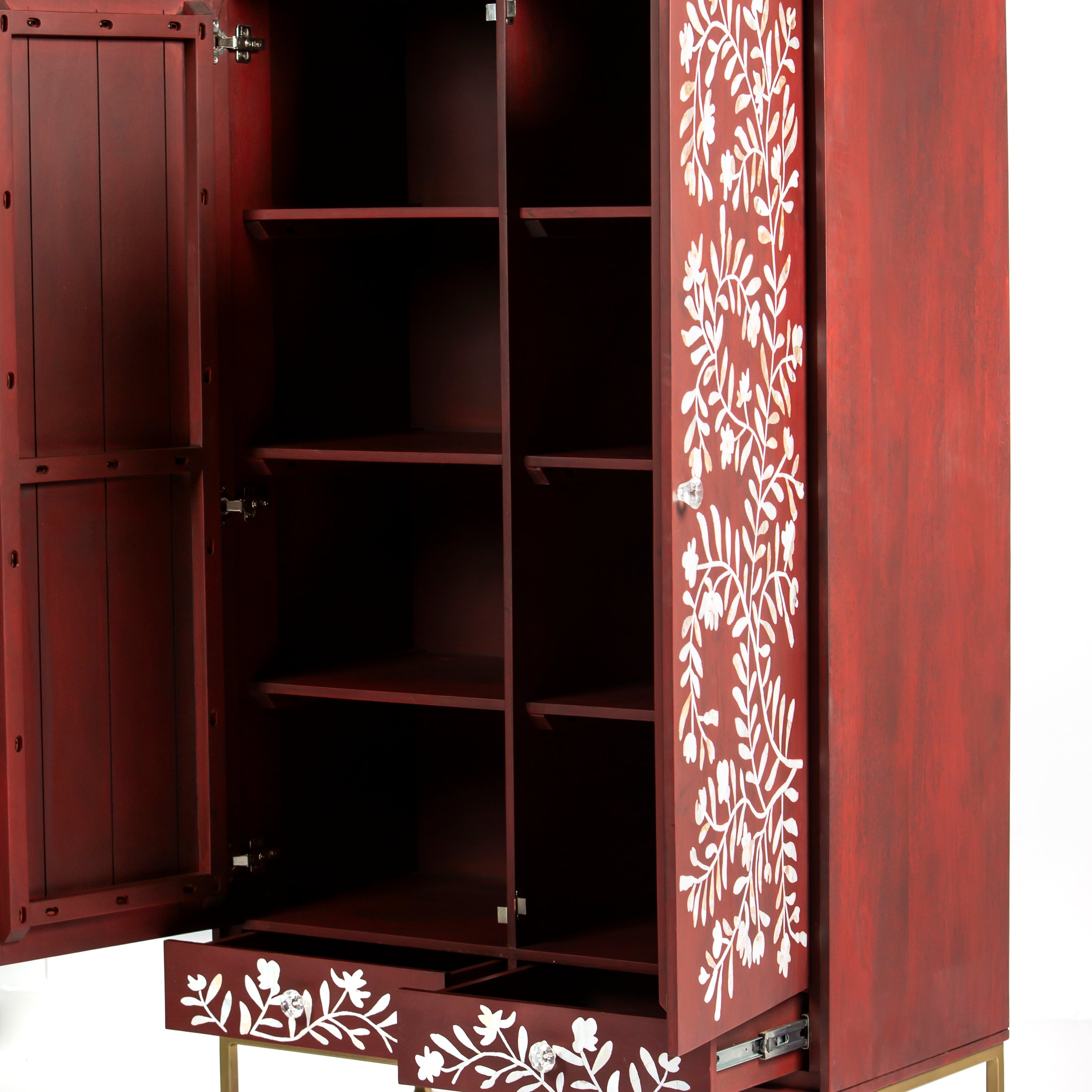 Mother of pearl inlay cabinet featuring intricate floral vine pattern in burgundy and white, handcrafted furniture piece