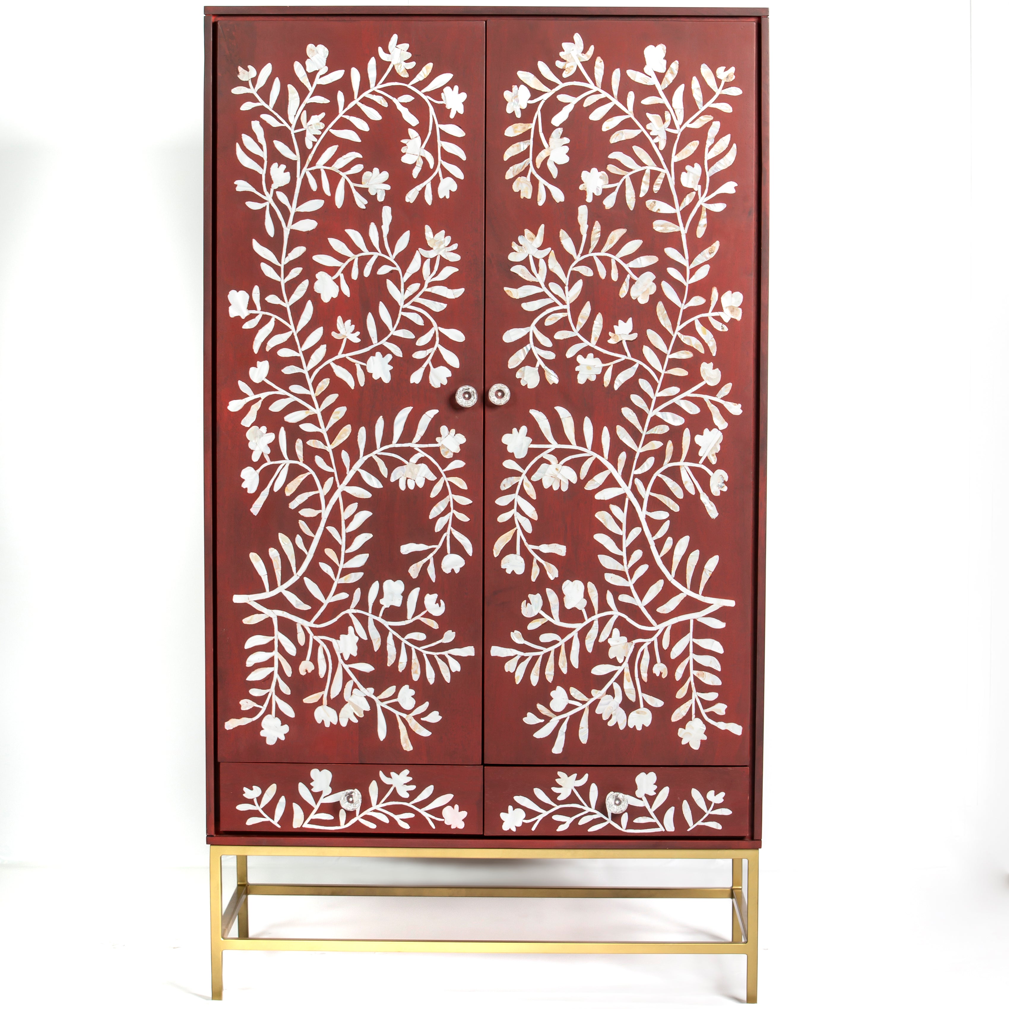 Mother of pearl inlay cabinet featuring intricate floral vine pattern in burgundy and white, handcrafted furniture piece